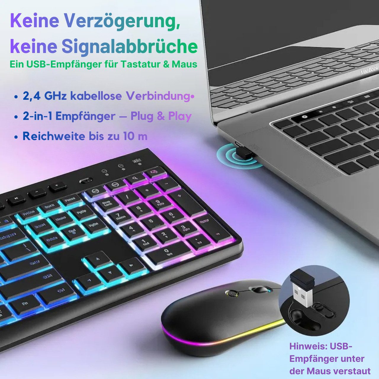 Goldstern-Tech Wireless-Tastatur (Kabelloses Tastatur-Maus-Set mit RGB, USB-C, 2,4 GHz Funkverbindung)