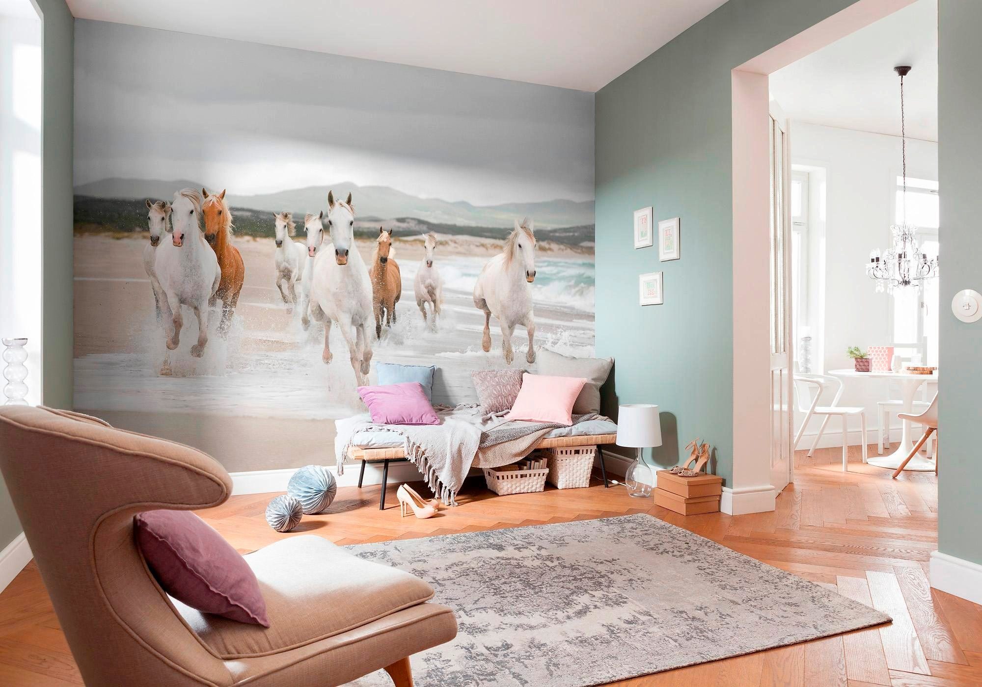 Komar Fototapete White Horses - Größe 368 x 254 cm, glatt, bedruckt, Wohnzimmer, Schlafzimmer