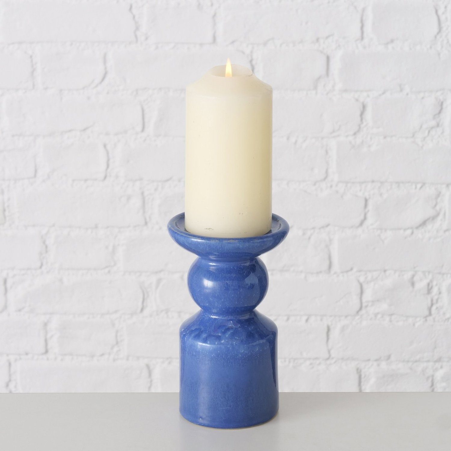 BOLTZE GRUPPE GmbH Kerzenleuchter PERUYA, H 16 cm, Blau, Steingut, für Stabkerzen, (1 St), mit Reaktivglasur