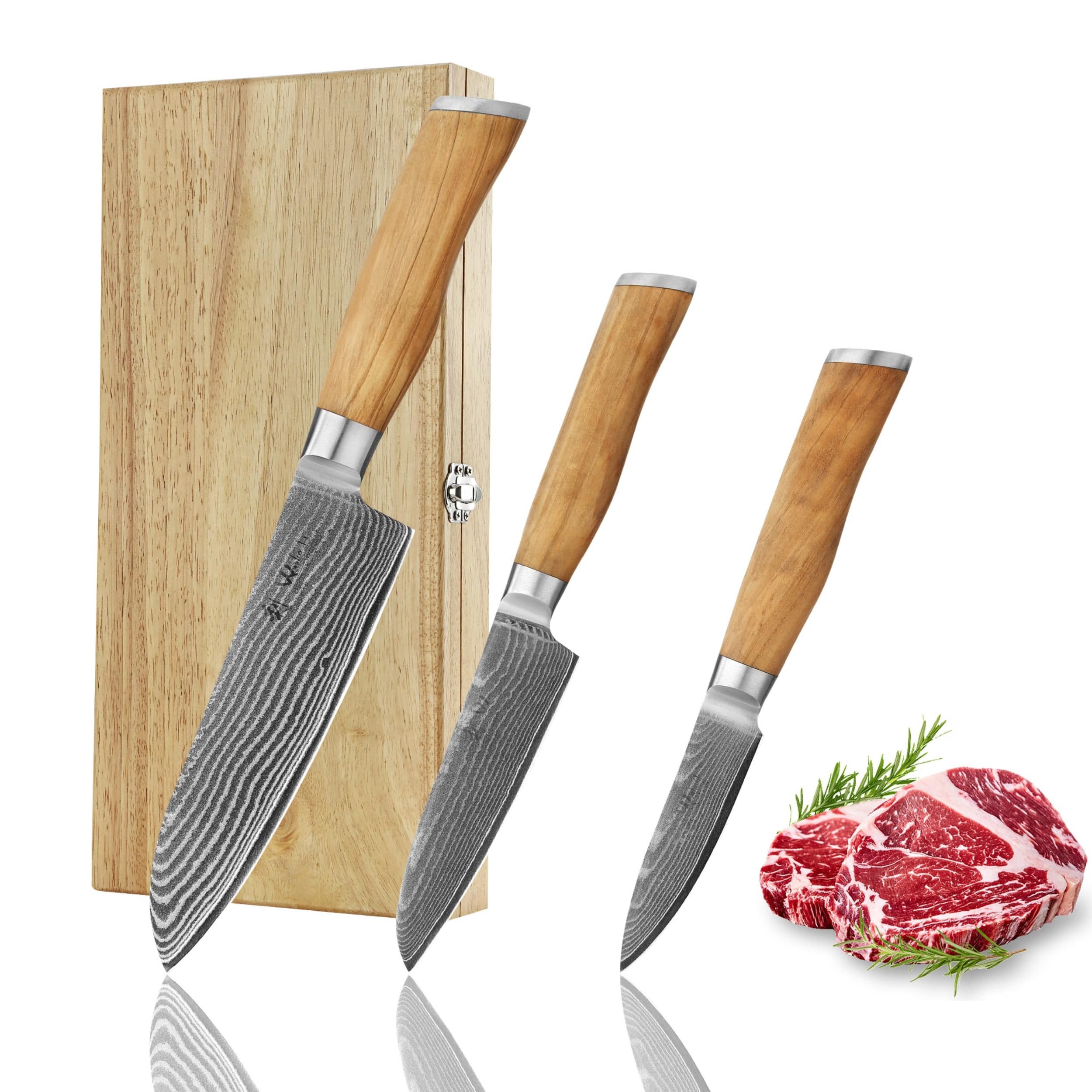 Wakoli Messer-Set Wakoli Olive 3er Damastmesser-Set Klingen von 8,50 - 17,00cm mit Holzb