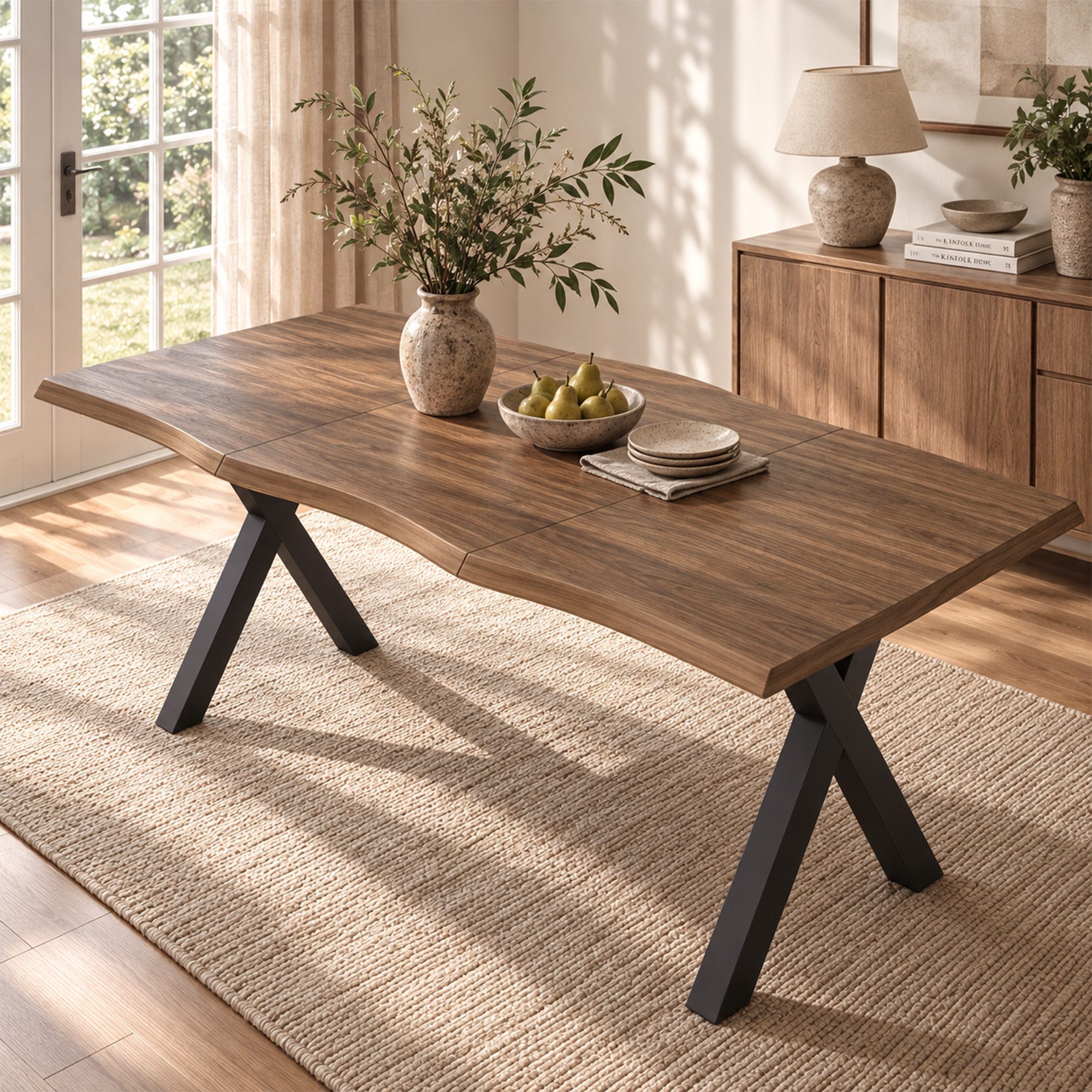 Flieks Esstisch Wellenförmiges Tischplattendesign, verdickte Tischplatte 2,8cm (160x78x77 cm, 1-St., 1 Tisch), rechteckig Schreibtisch Bürostisch Walnussholzfarbe, X-Form Eisenbeine