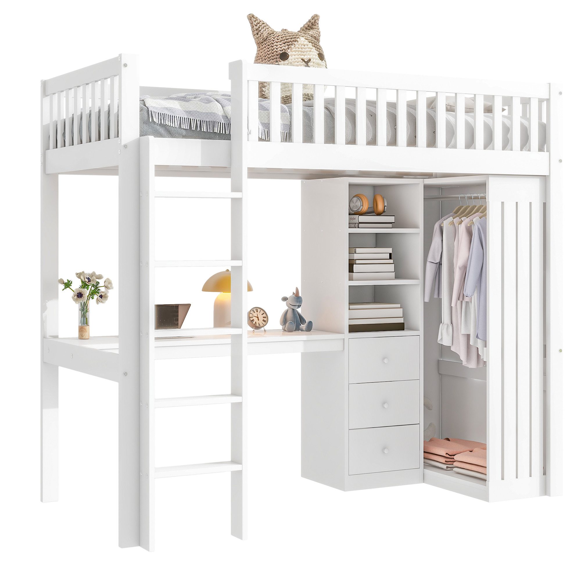 OKWISH Hochbett Funktionsbett,Einzelbett,Jugendbett,Kinderbett,Stauraumbett (Hochbett,mit Schreibtisch und Stauraum Inkl. Kleiderschrank, 3 Schubladen, Geländer und Treppe) ohne Matratze