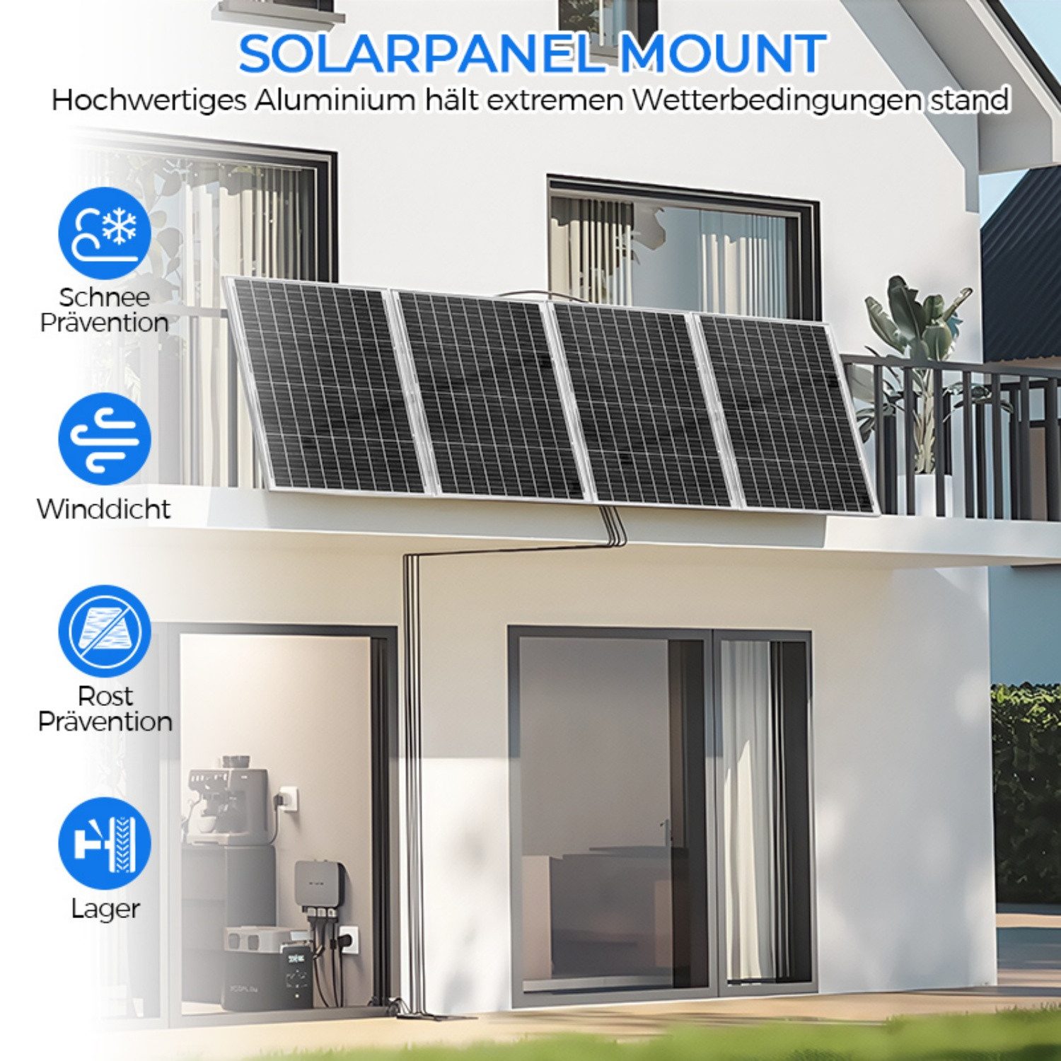 Rhein Beleuchtung Solarmodul-Halterung 4x Solarpanel Halterung & Balkonkraftwerk Halterung 114cm, (bis 45 Zoll, Set, 4-tlg., Für 100-800W Module bis 115cm - Für Dach, Wand, Balkon, Solarmodul Halterung 0-90° verstellbar, Alu, Ohne Bohren)