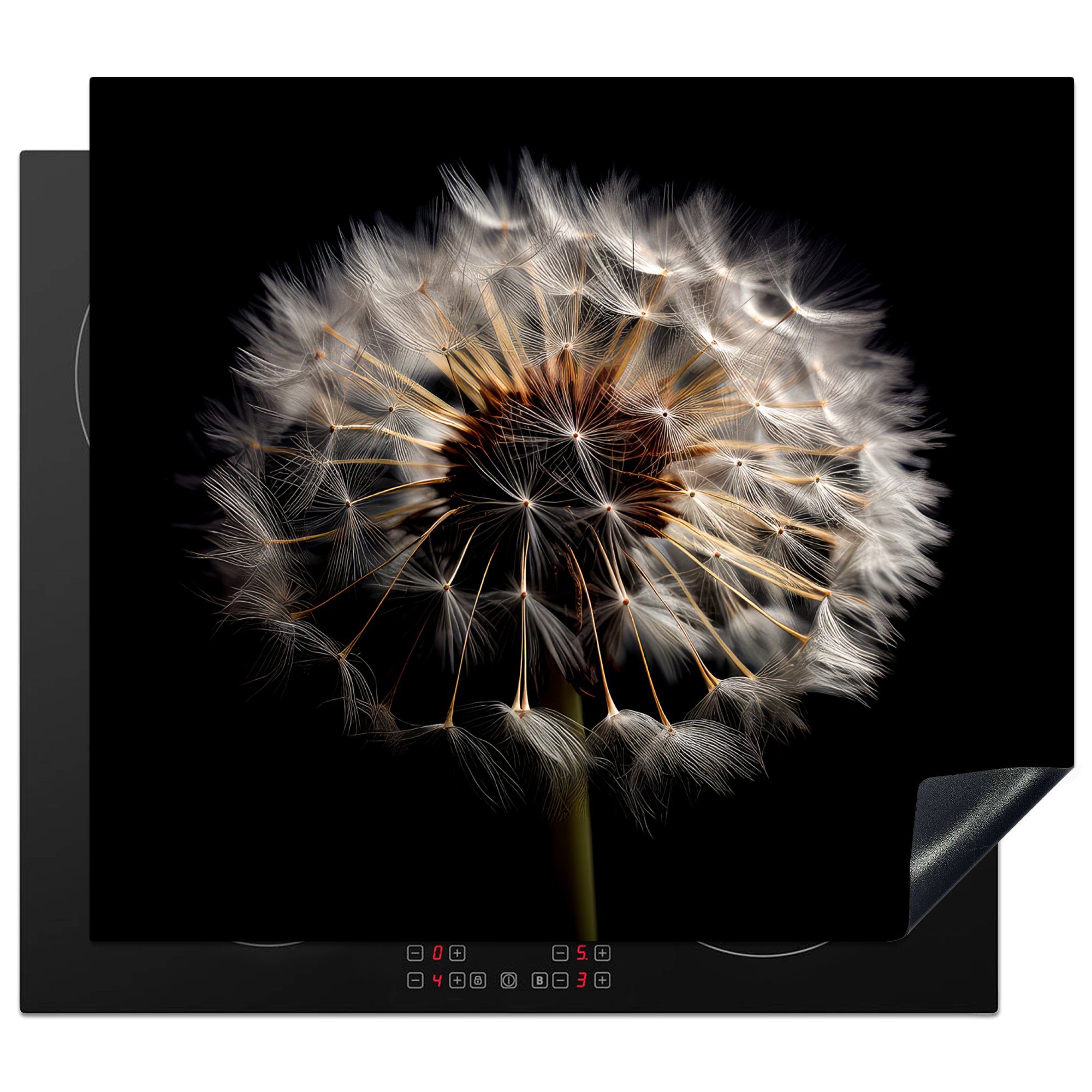 MuchoWow Herd-Abdeckplatte Blumen - Natur - Löwenzahn - Schwarz - Porträt, Vinyl, (1 tlg), Abdeckplatte für Ceranfeld, Herd Inductionsmatte, 57.6x51.6 cm