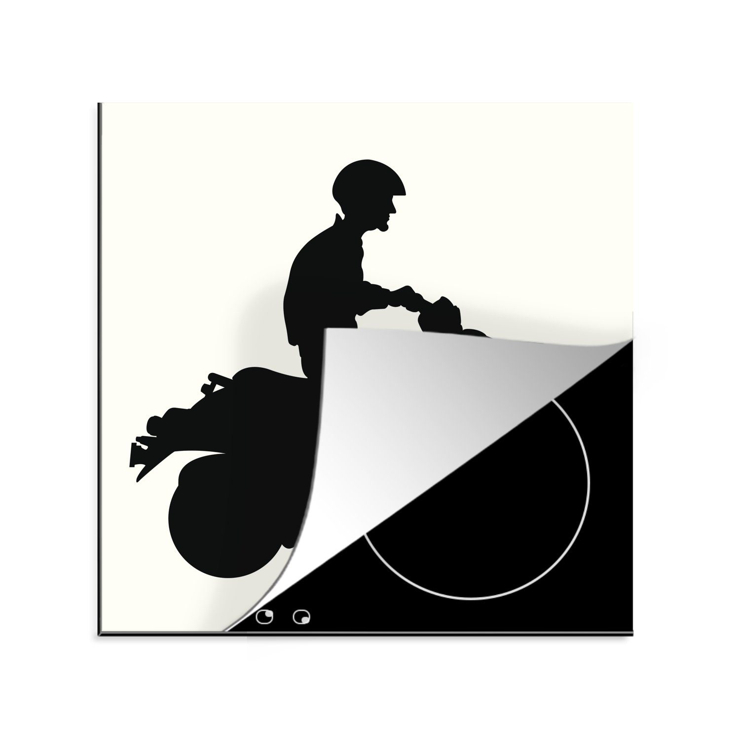 78x78 Herdblende-/Abdeckplatte einem MuchoWow einer tlg), Arbeitsplatte schwarz-weiß, Vinyl, auf Motorroller (1 in Illustration Person Ceranfeldabdeckung, cm, für küche