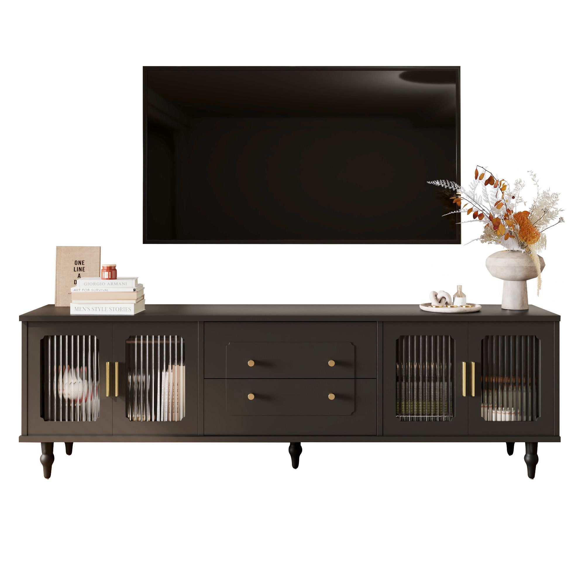 MODFU Lowboard TV-Schrank, Fernsehtisch (TV-Möbel im Retro-Stil, mit 4 Tür 4 Metallbeinen), aus Spanplatte,175*38*55,5cm