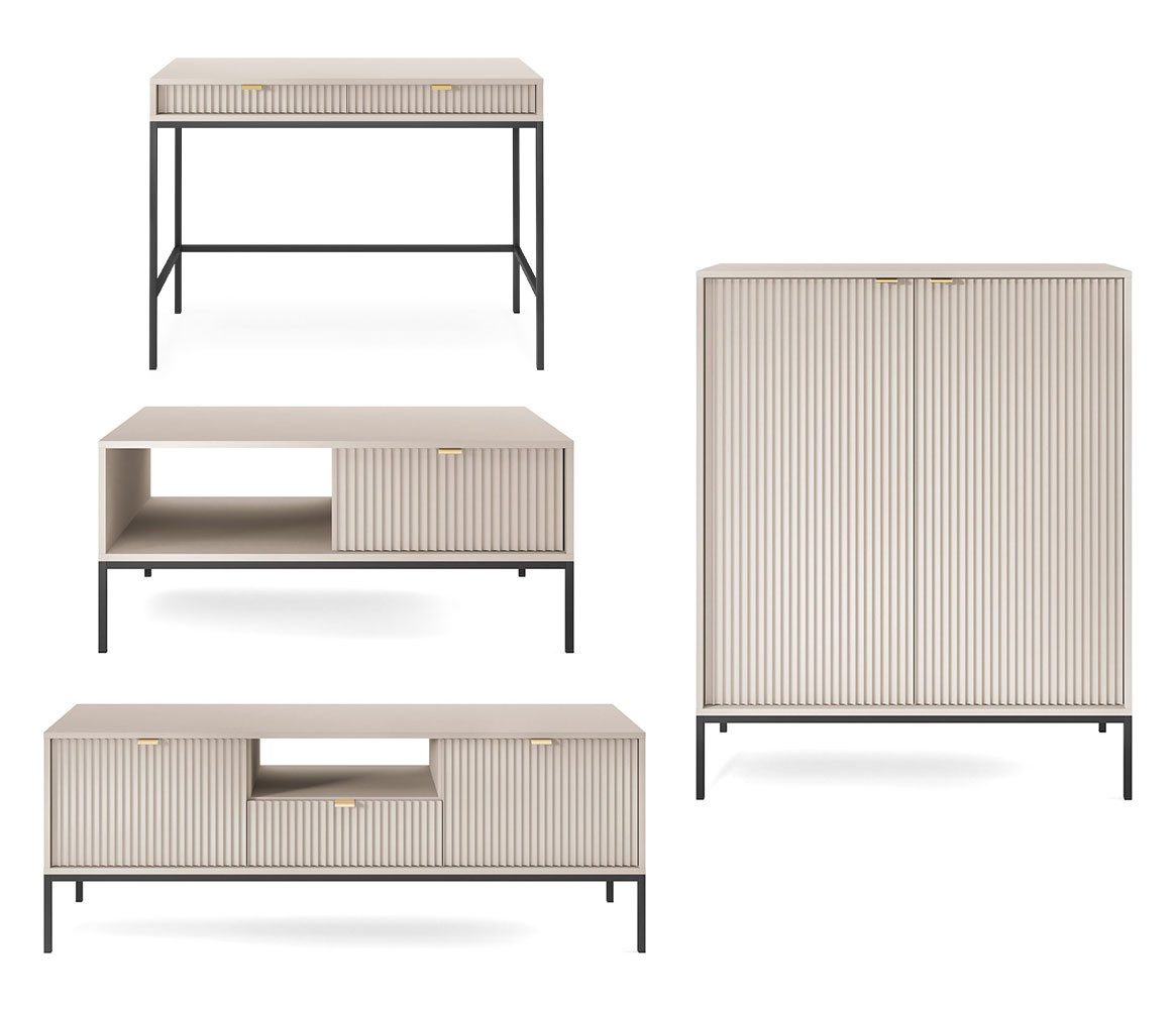 Feldmann-Wohnen Wohnwand Nova, (1 Lowboard, 1 Couchtisch, 1 Schreibtisch, 1 Highboard, 4-St., Riffel-Optik Front, goldfarbene Metallgriffe, ABS-Kanten), 4-teilig MDF Kaschmir