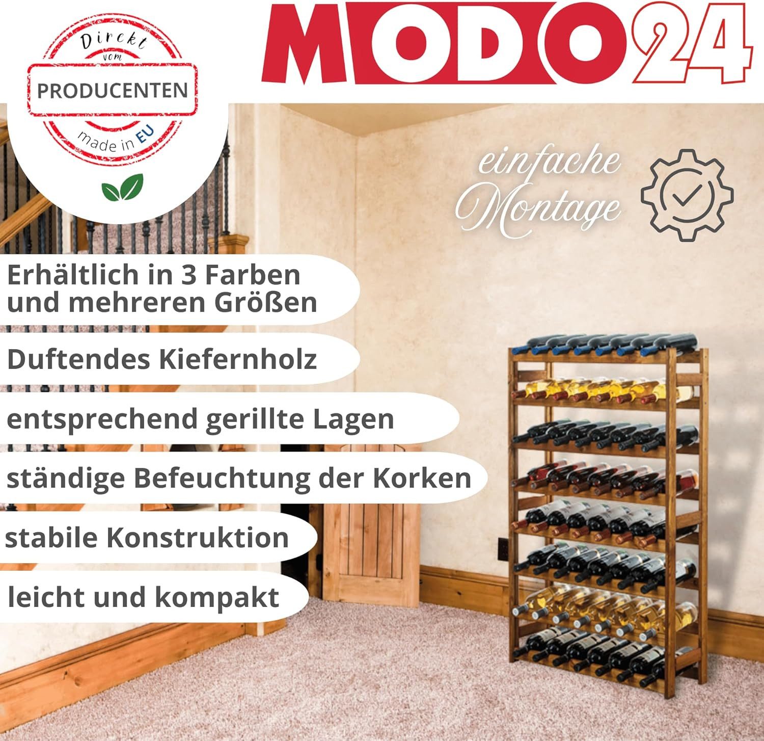 Modo24 Weinregal Flaschenregal Holzregal Flaschenständer Varianten 12 bis 91 Flaschen, RW1 Getränkeregal, 3 Farben, FSC Holz Nachhaltig