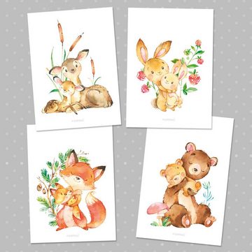 Sunnywall Poster Poster Kinderzimmer Waldtier Familie (4er Set), Waldtier Familie (Set, 4 St), Poster