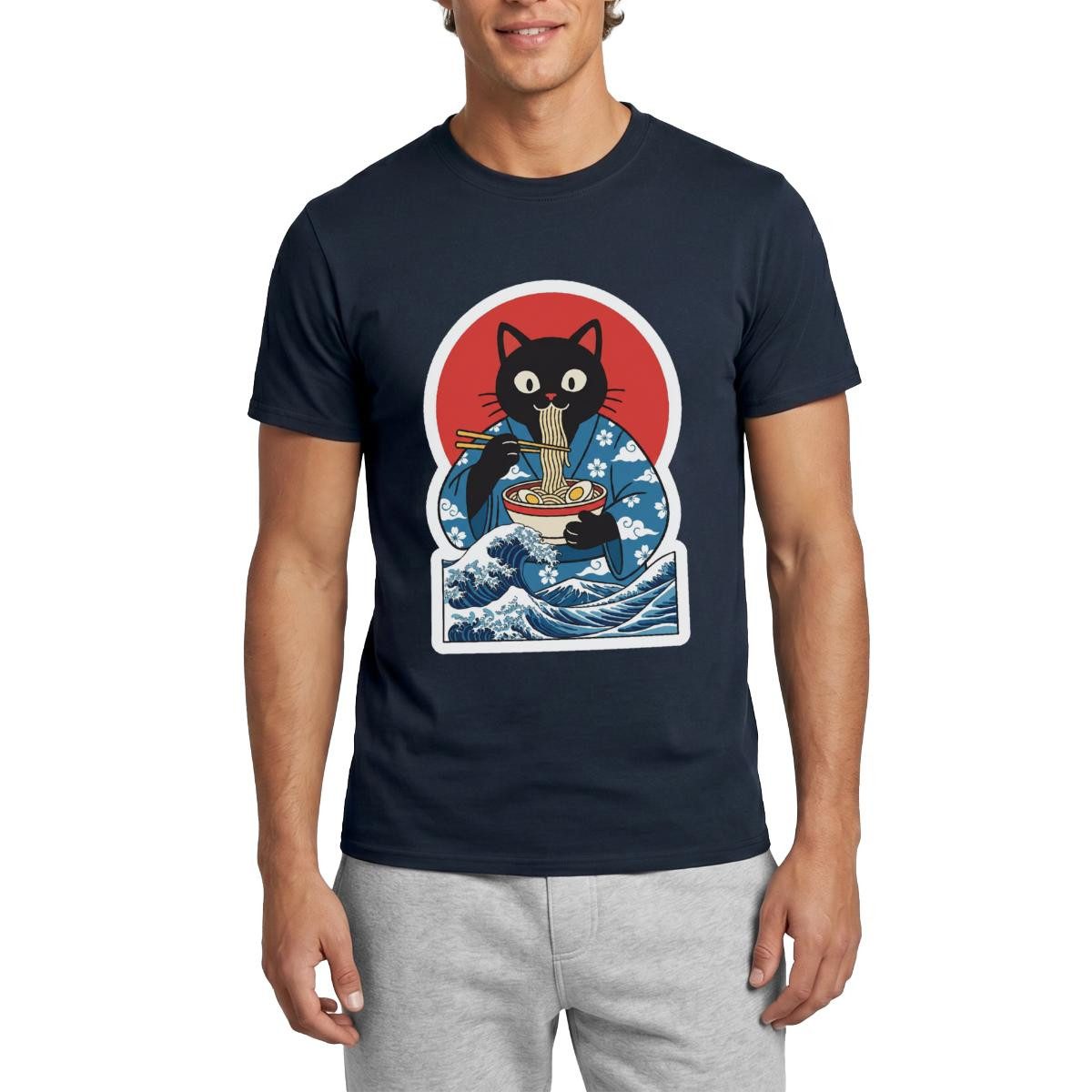 T-Shirt Ramen Katze, Schwarze Katze Im Japan-Look Männer T-Shirt