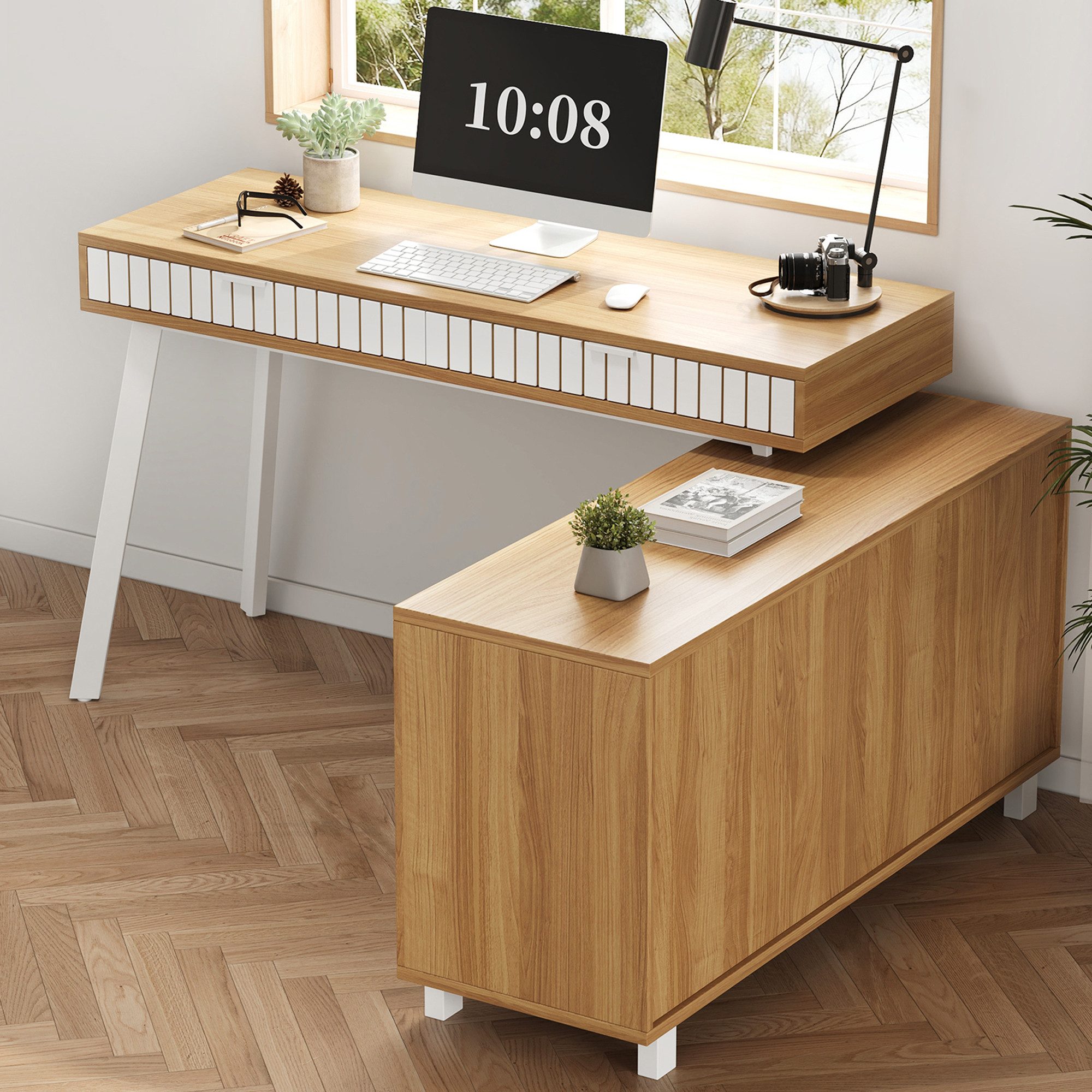 Merax Eckschreibtisch L-förmiger Schreibtisch mit 2 Schubladen und Türen (1-St., Moderner Minimalistischer Stil), mit Vertikalem Streifenmuster
