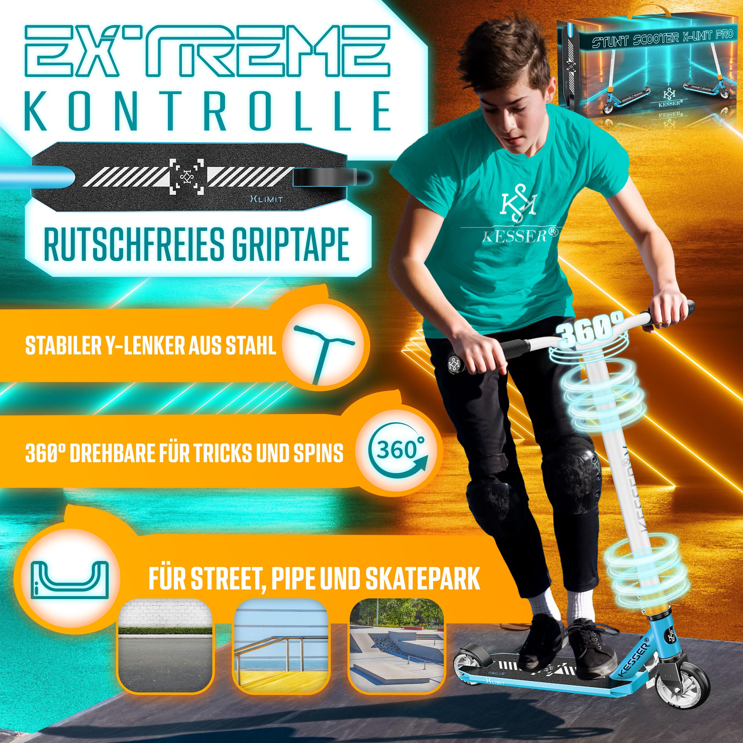 KESSER Scooter, Stunt Scooter X-Limit-Pro 360° Lenkung Funscooter Stuntscooter