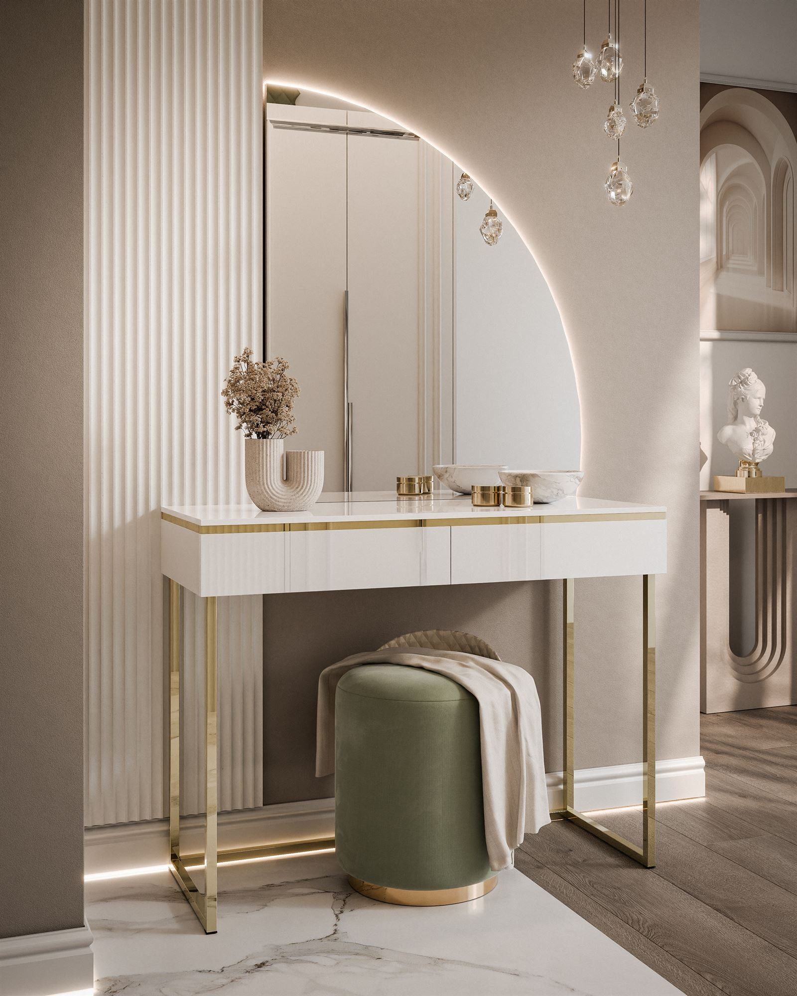 ALLHOUSE24 Schminktisch PEONY MOND GOLD Metallgestell weiß Hochglanz mit Sp günstig online kaufen