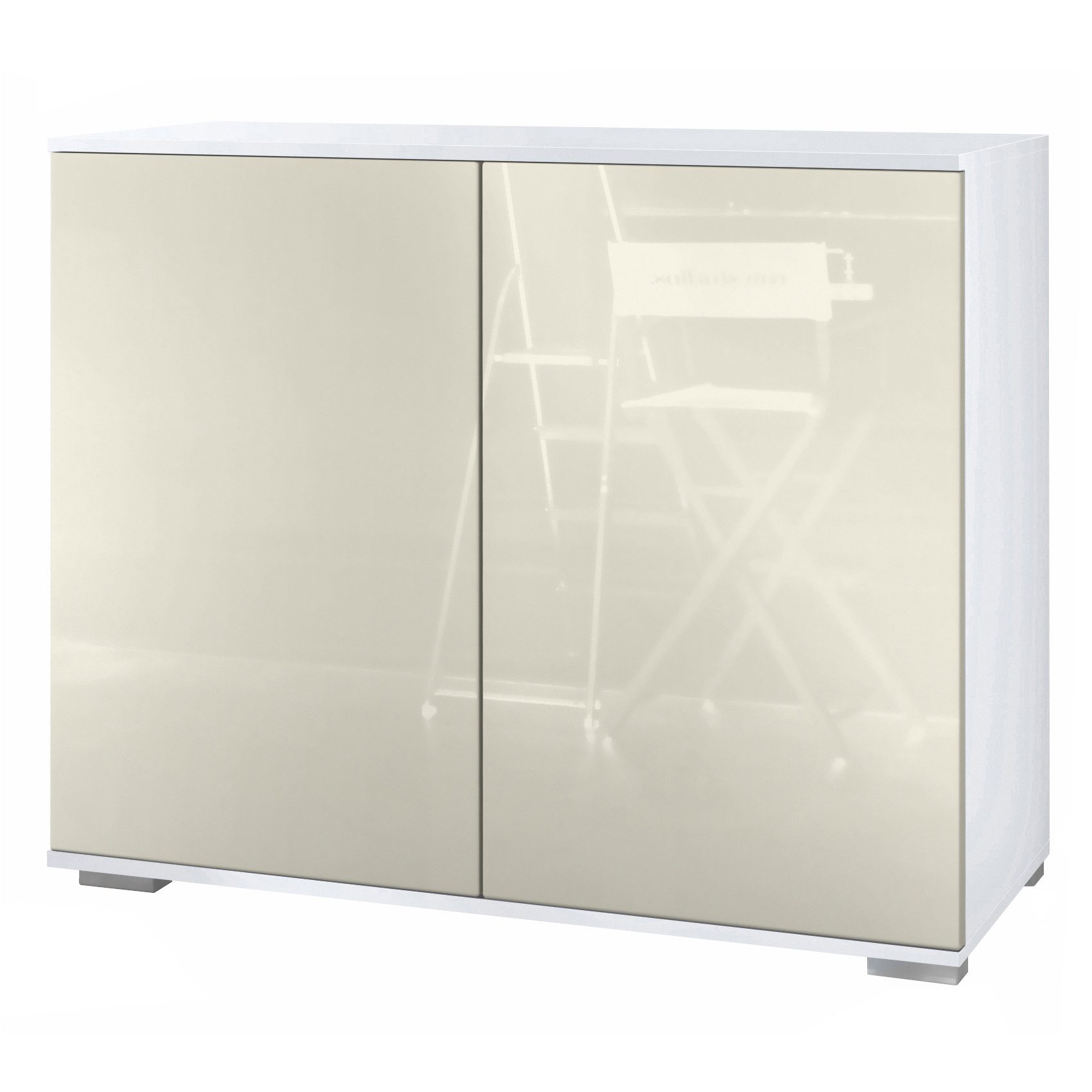 Vladon Kommode Skadu V3 (Moderner Küchenschrank, mit 2 großen Türen), Weiß matt / Creme Hochglanz (92,5 x 75.5 x 35)