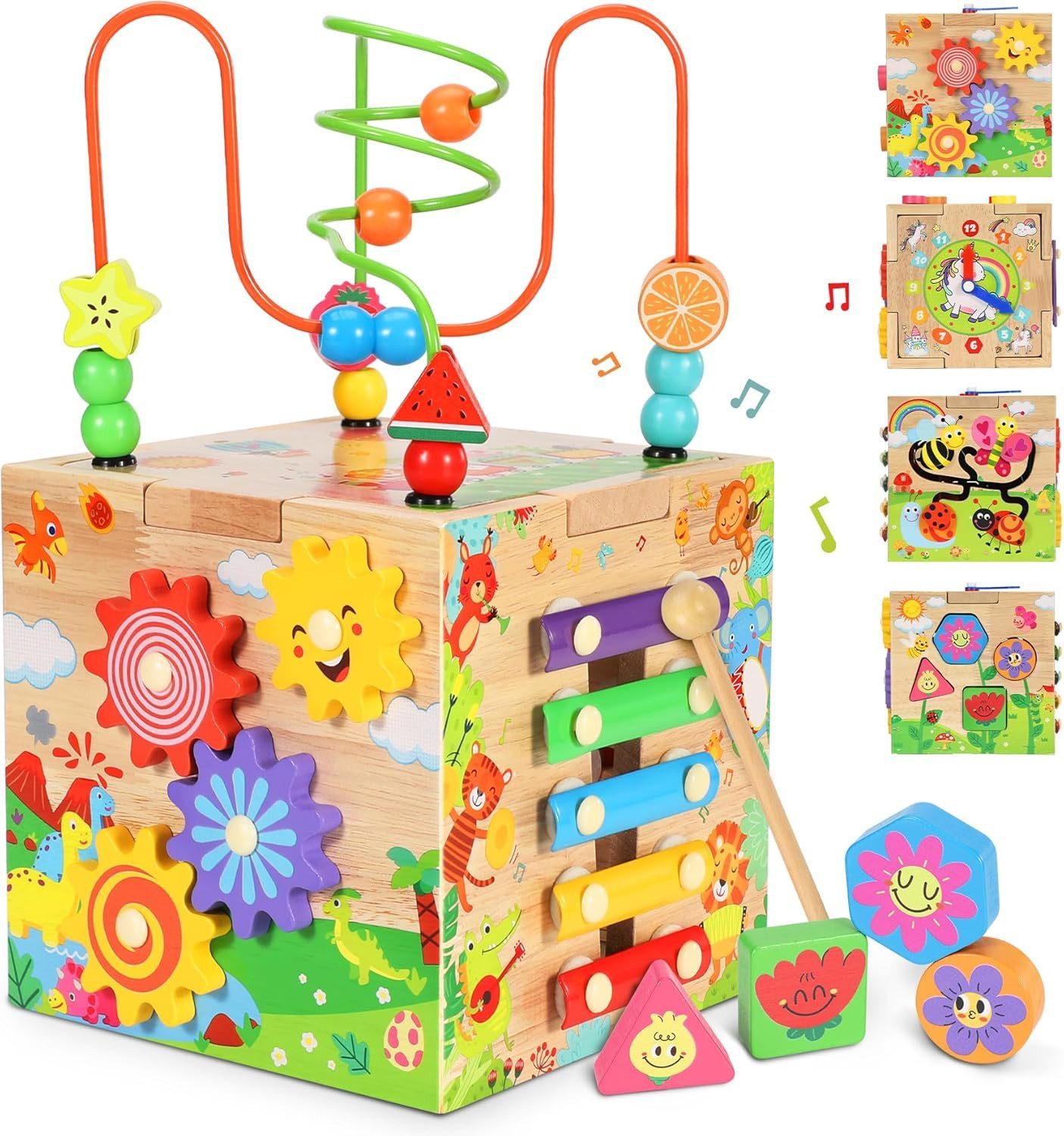 Ophy Motorikwürfel 6-in-1 Motorikwürfel aus Holz – Aktivitätswürfel mit 6 Spielen, (1-tlg), Lernspielzeug für Babys ab 1 Jahr (perfektes Geschenk)