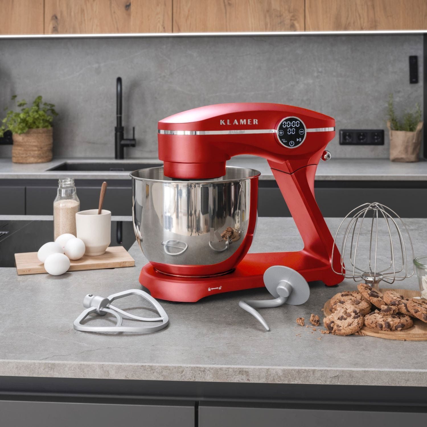 KLAMER Küchenmaschine 1800W, 6L Edelstahl-Schüssel, Knetmaschine mit 10 Geschwindigkeiten & Timer, rot, 1800 W, 6 l Schüssel, Spritzschutz, 3 Werkzeuge, Saugfüße, digitales Display, Timer