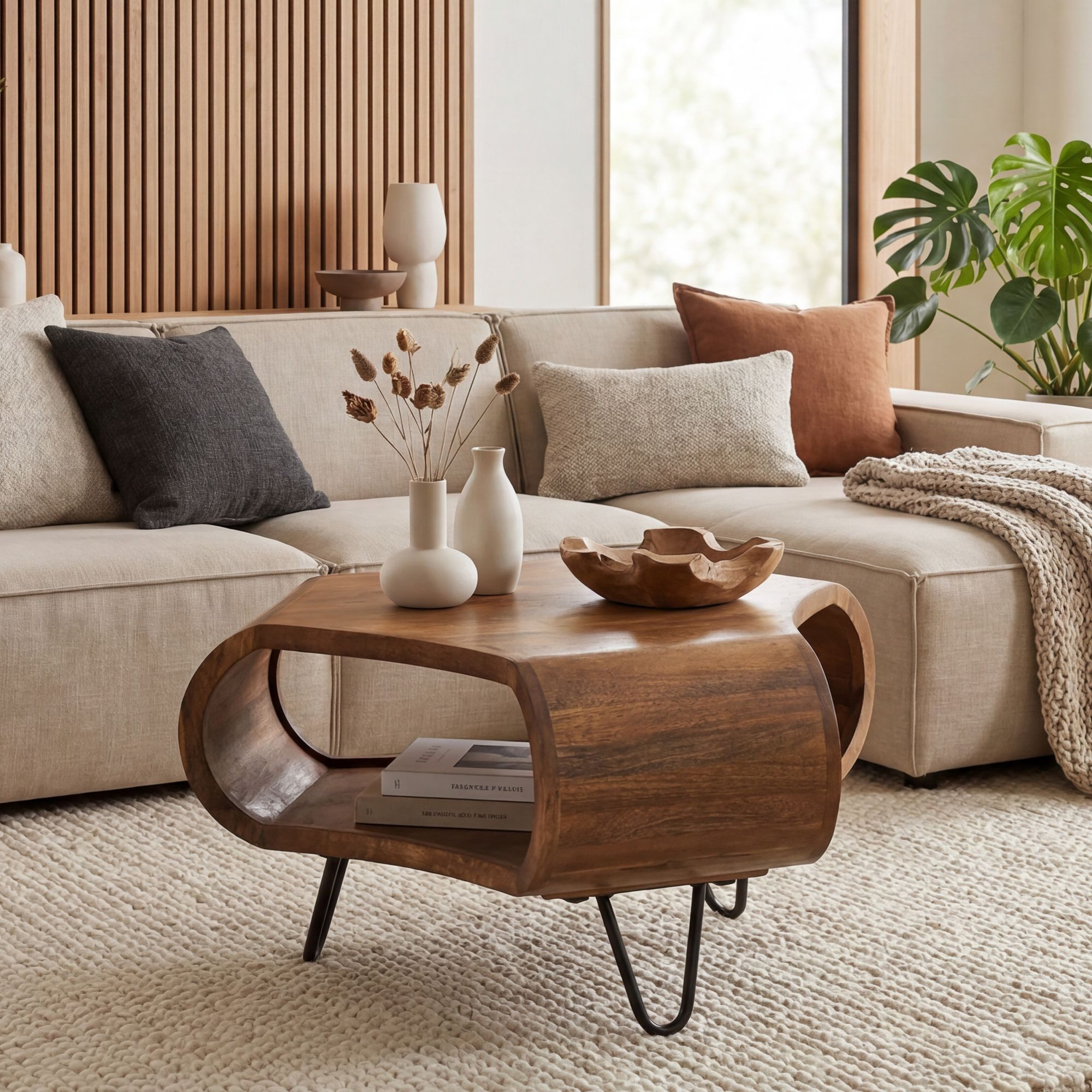 FINEBUY Couchtisch FB117850 60cm Massivholz mit Ablagefach Wohnzimmertisch Beistelltisch (Moderner Wohnzimmertisch aus Mangoholz), Organisch geformter Kaffeetisch mit Metallbeinen