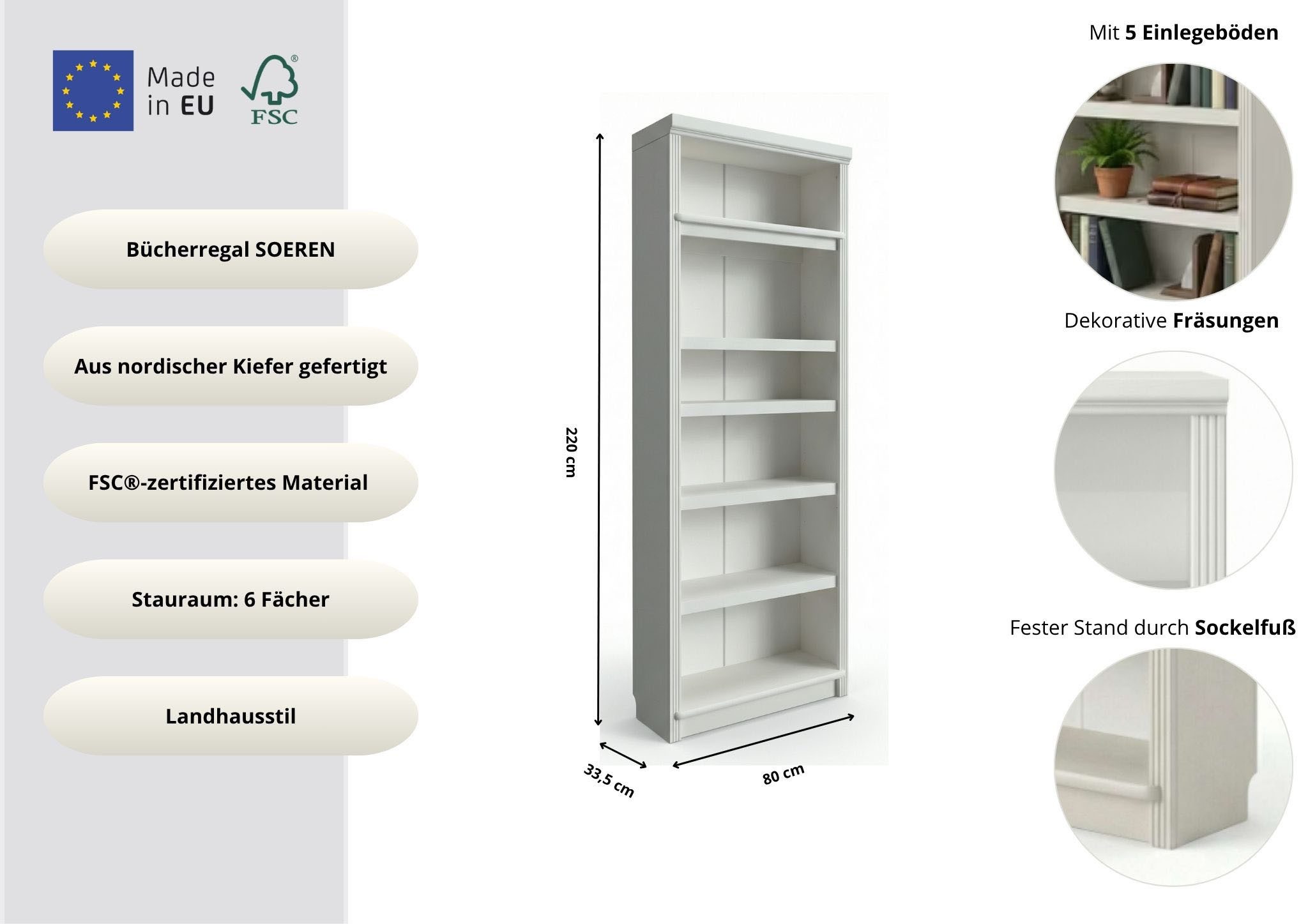 OTTO home Bücherregal Soeren Regal B/T/H: 80/33,5/220 cm, mit 6 Fächern, massive Kiefer, FSC®-zertifizier – Bild 3 von 5