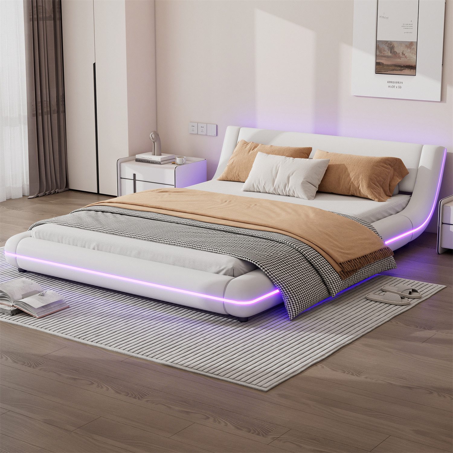 autolock Polsterbett Flachbett, Bodenbett, PU, LED-Umgebungslicht,weiß günstig online kaufen
