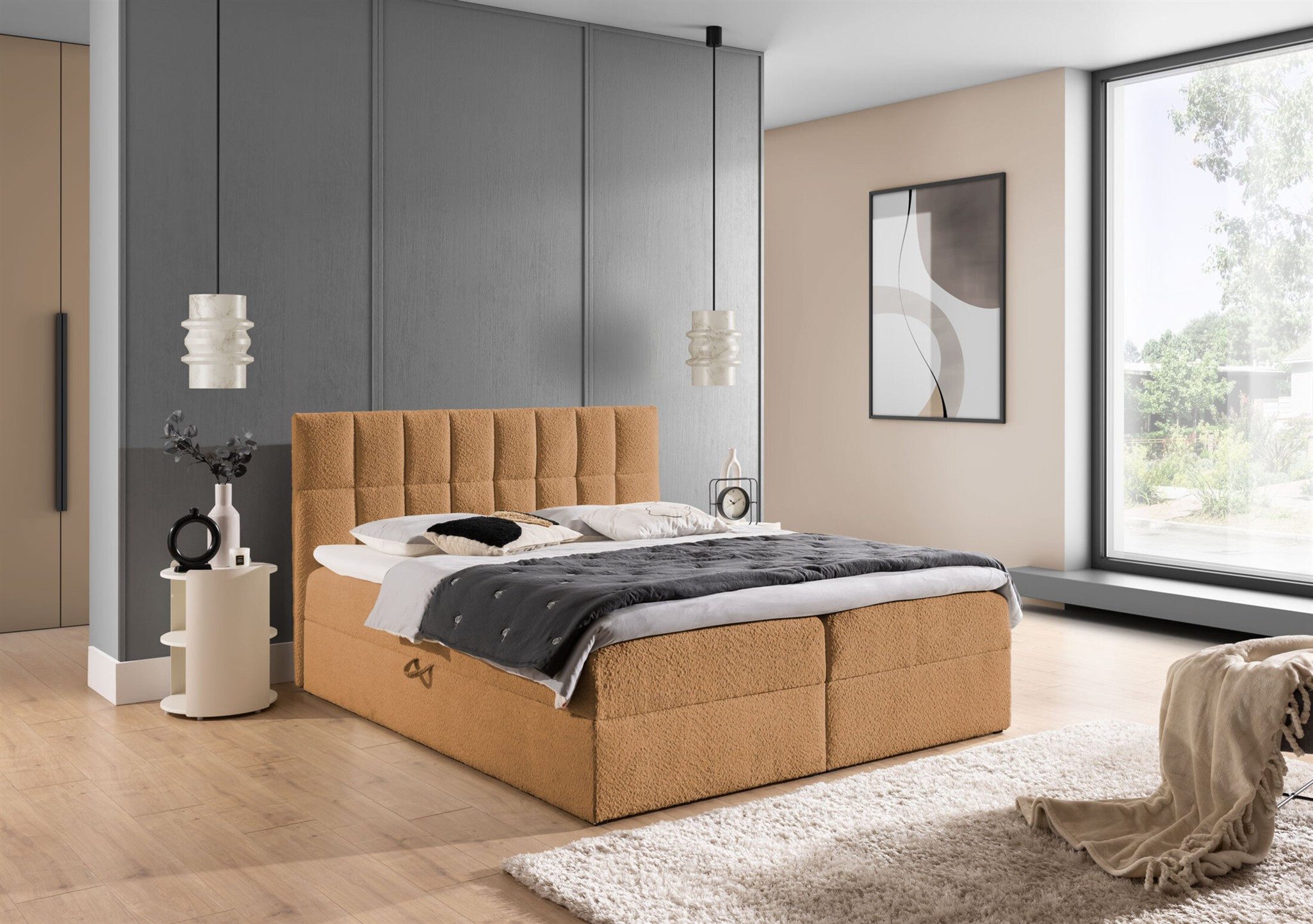 Fun Möbel Boxbett Schlafzimmerbett DOMINGA PREMIUM Stoff Coral (inkl. Bettkasten, inkl. Taschenfederkernmatratze), inkl. Visco-Topper und Bettkasten