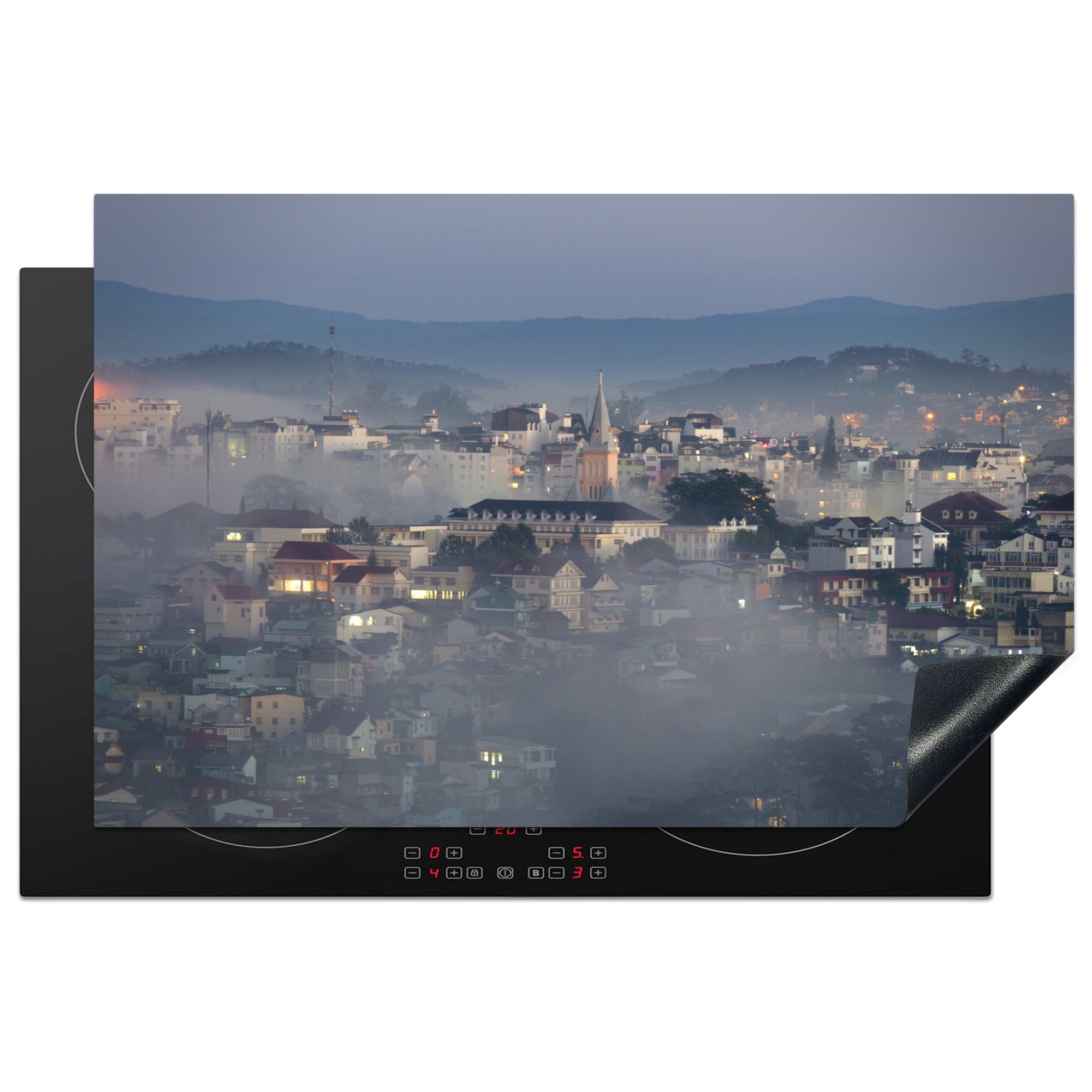 MuchoWow Herdblende-/Abdeckplatte Turin - Nebel küche, die Ceranfeldabdeckung Vinyl, für tlg), Stadt, Schutz 81x52 Induktionskochfeld cm, (1 