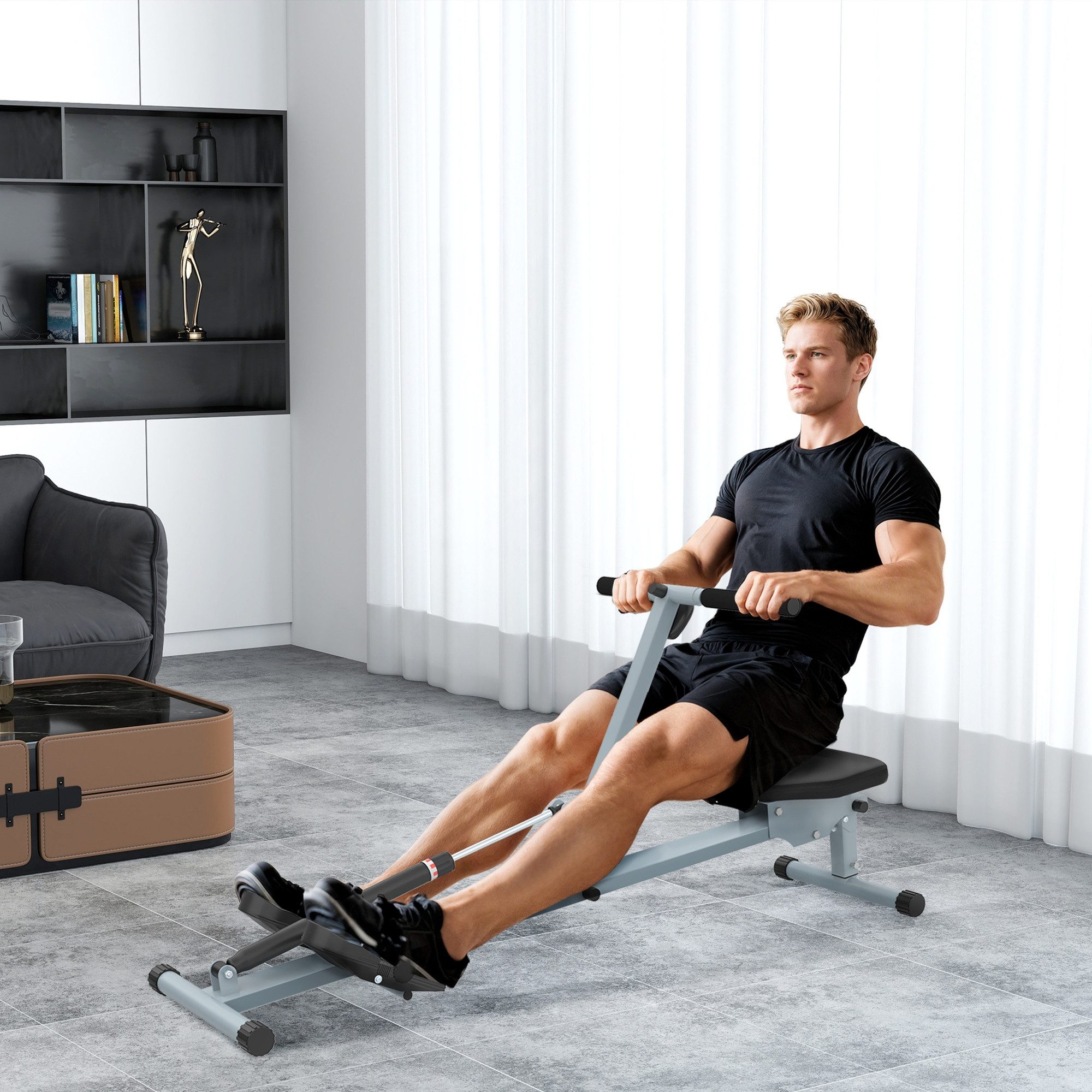 HOMCOM Rudergerät Rudergerät Fitness-Rudergerät mit LCD-Display belastbar bis 100kg (Fitnessgerät, 1-tlg., Ruderzugmaschine Heimtrainer), Grau+Schwarz 130 x 47.5 x 67 cm