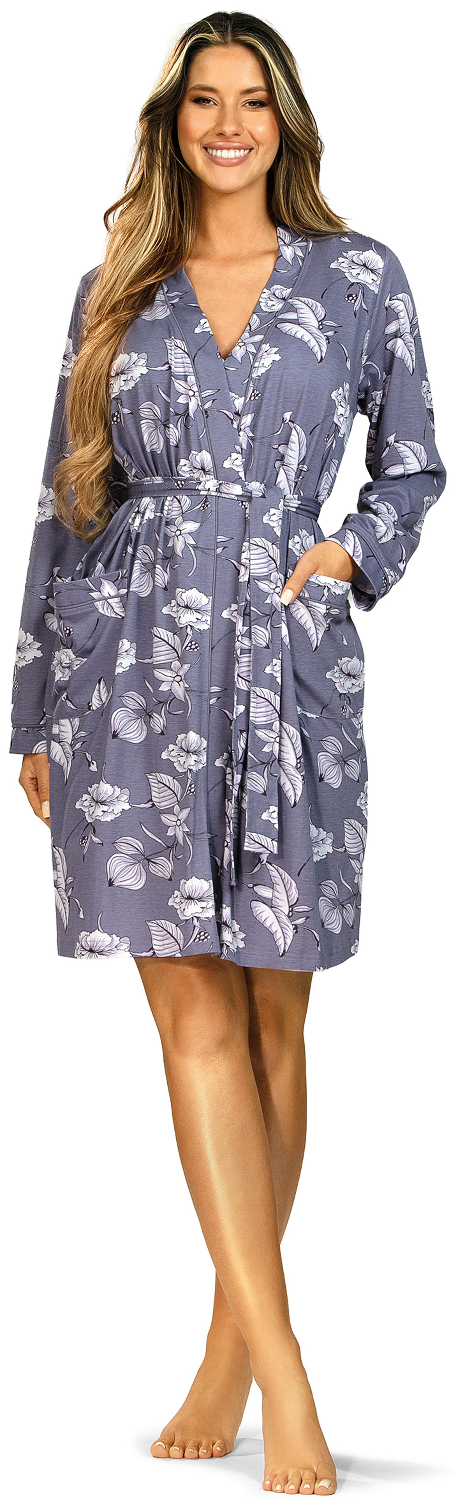 Ascafa Kimono Damen Morgenmantel Blumen, Midi, Baumwollmischung, Kimonokragen, Gürtel, Edles Design