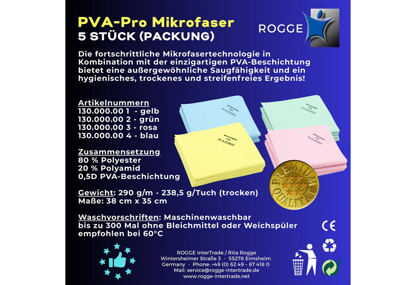 Thumbnail - Rogge PVA-PRO Mikrofasertuch, 38x35 cm, 5 Stück, Allzweck-Reinigungstücher Reinigungstücher