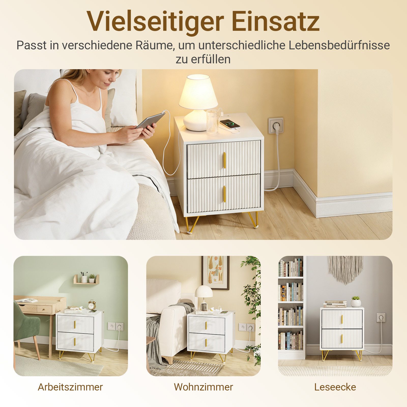 SoBuy Nachttisch FBT115-E, Nachttisch, Nachtschrank Beistelltisch Sofatisch Couchtisch, Nachttisch mit 2 Steckdosen, USB und Type-C, 2/3 Schubladen – Bild 5 von 5