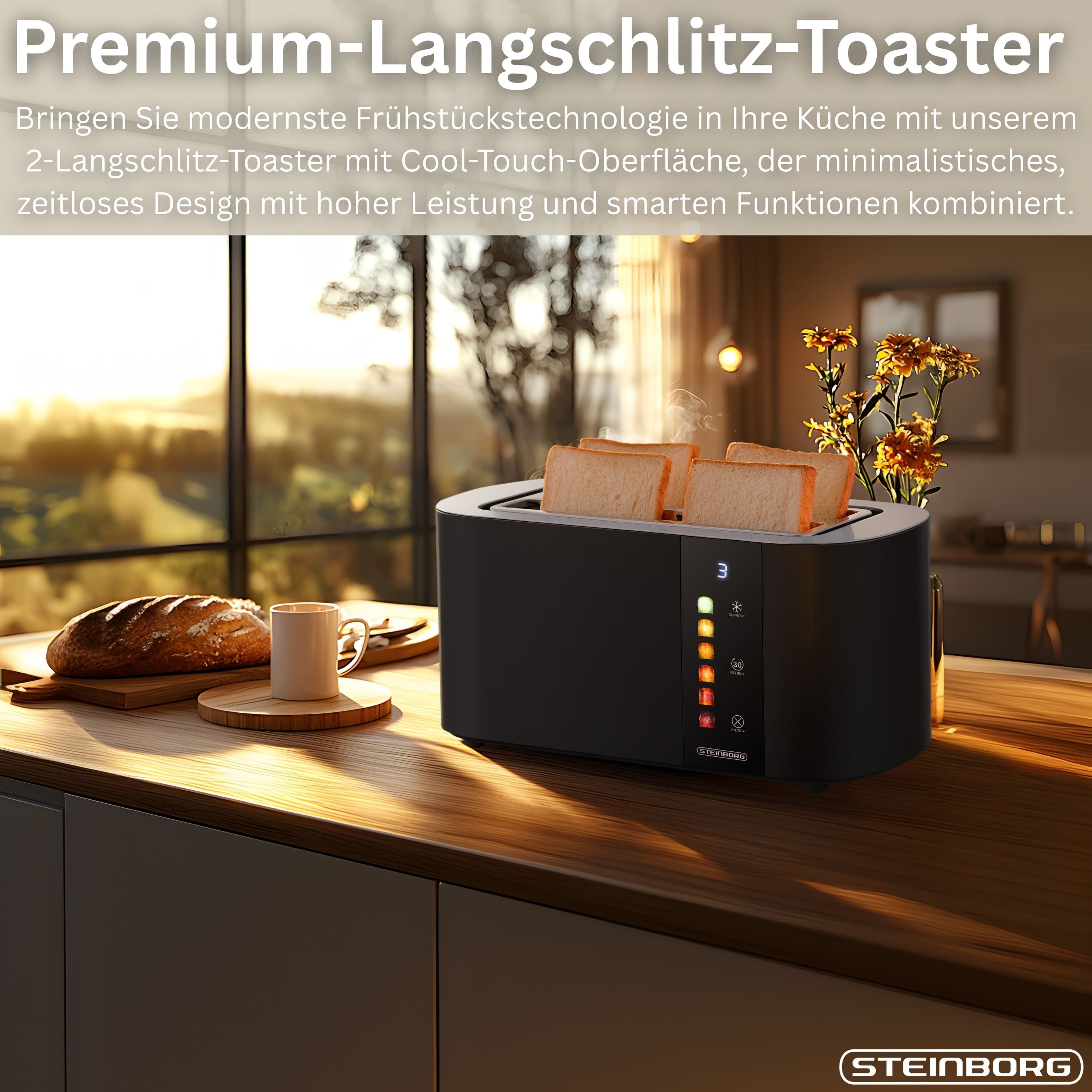 STEINBORG Toaster SB-2216, Modern, 1500 W, stufenlose, elektronische Steuerung des Bräunungsgrades