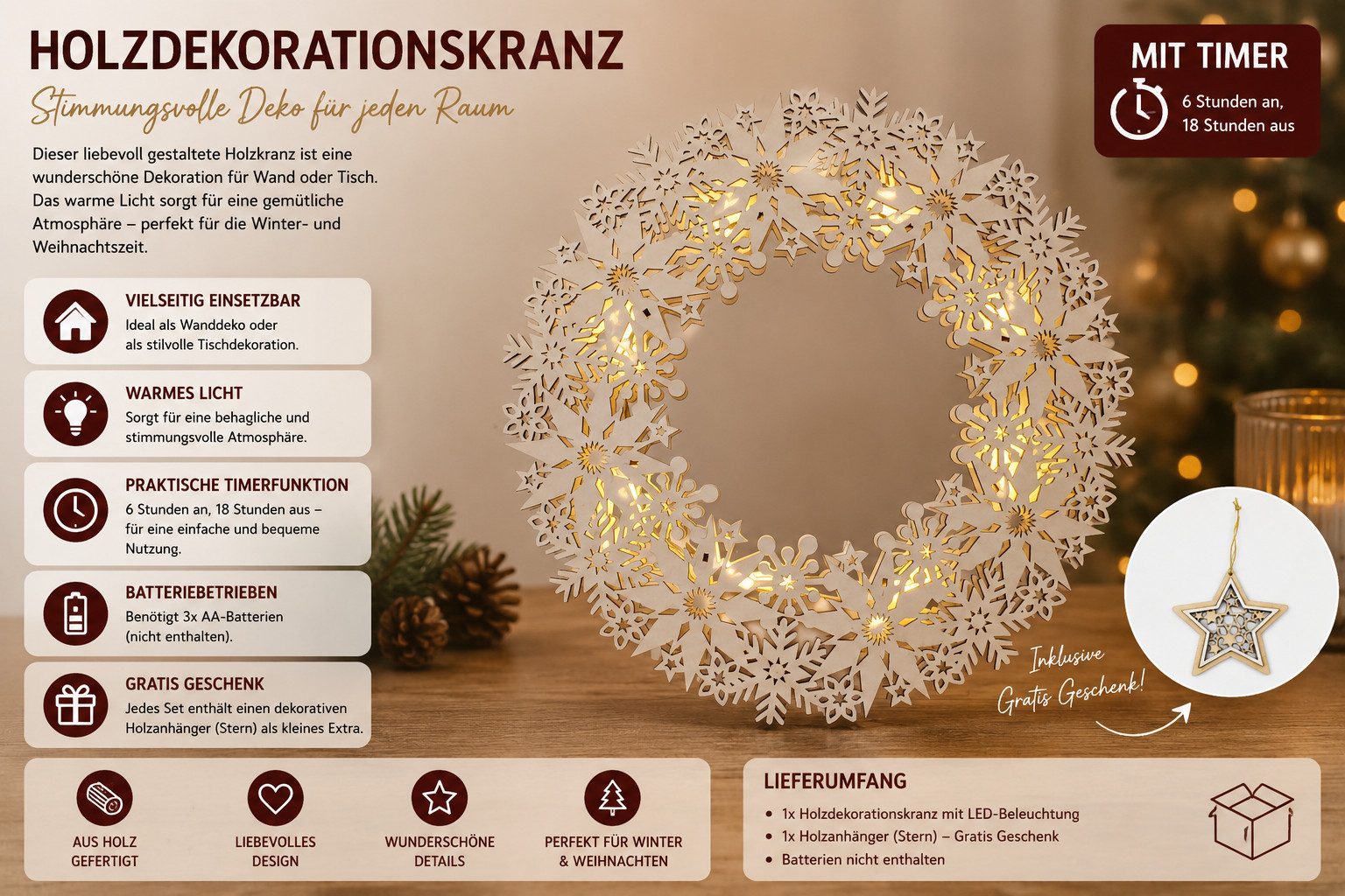 OTTO home LED Dekoobjekt Schneeflocken Holzdekoration, Timerfunktion, LED fest integriert, Warmweiß, Gratis-Hänger, 6h-Timer, zum Aufhängen oder hinstellen – Bild 4 von 4