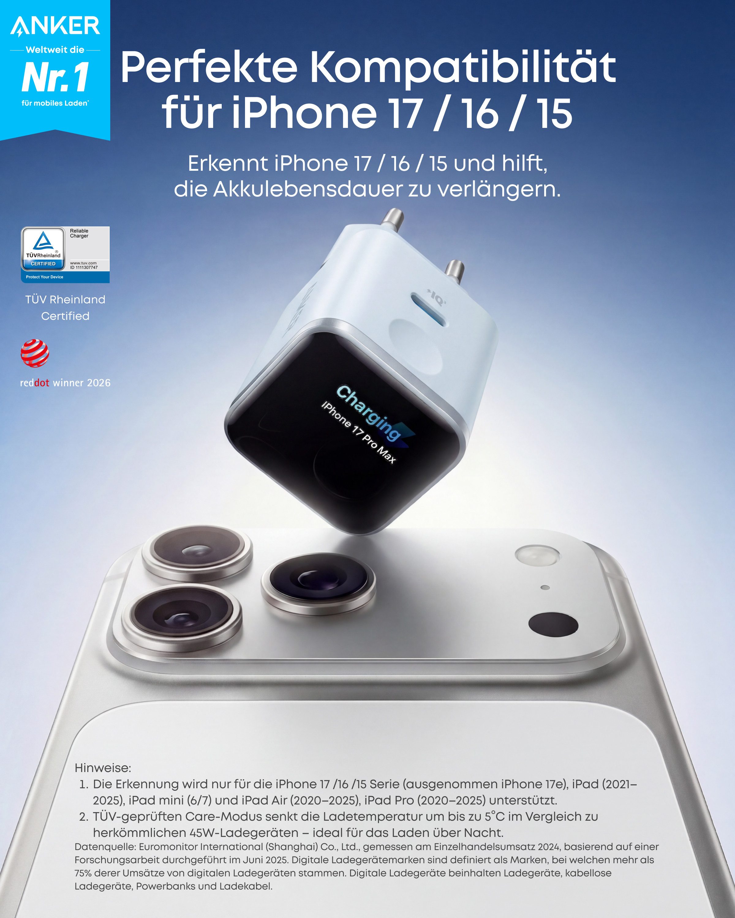 Anker Anker Nano 45W USB C Ladegerät mit Smart Display für iPhone Schnelllade-Gerät (GaN Ladegerät für iPhone 17/16/15 Serie)