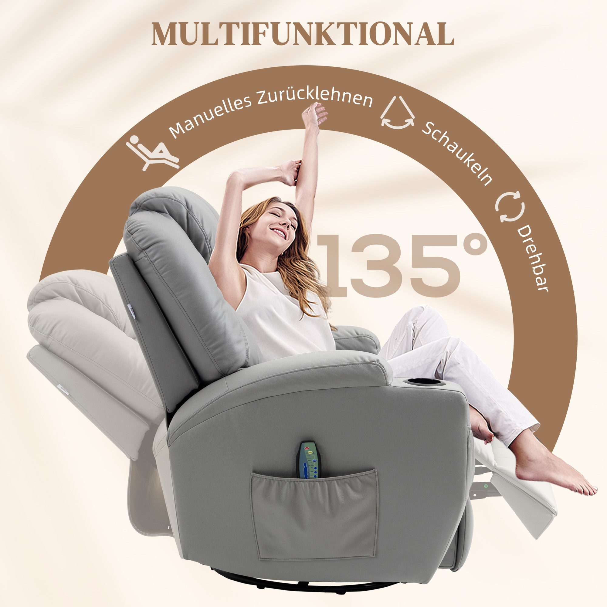 HOMCOM Massagesessel Fernsehsessel mit Liegefunktion, Wippfunktion, Drehbar (Ruhesessel, 1-St., Relaxsessel), für Wohnzimmer, Grau – Bild 5 von 5