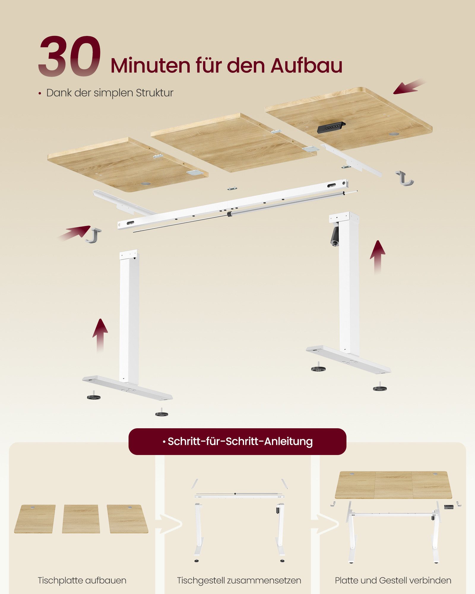 VASAGLE Schreibtisch Höhenverstellbarer, Erinnerung bei langem Sitzen, Stehtisch, Computertisch, Memory-Funktion mit 4 Höhen – Bild 4 von 5