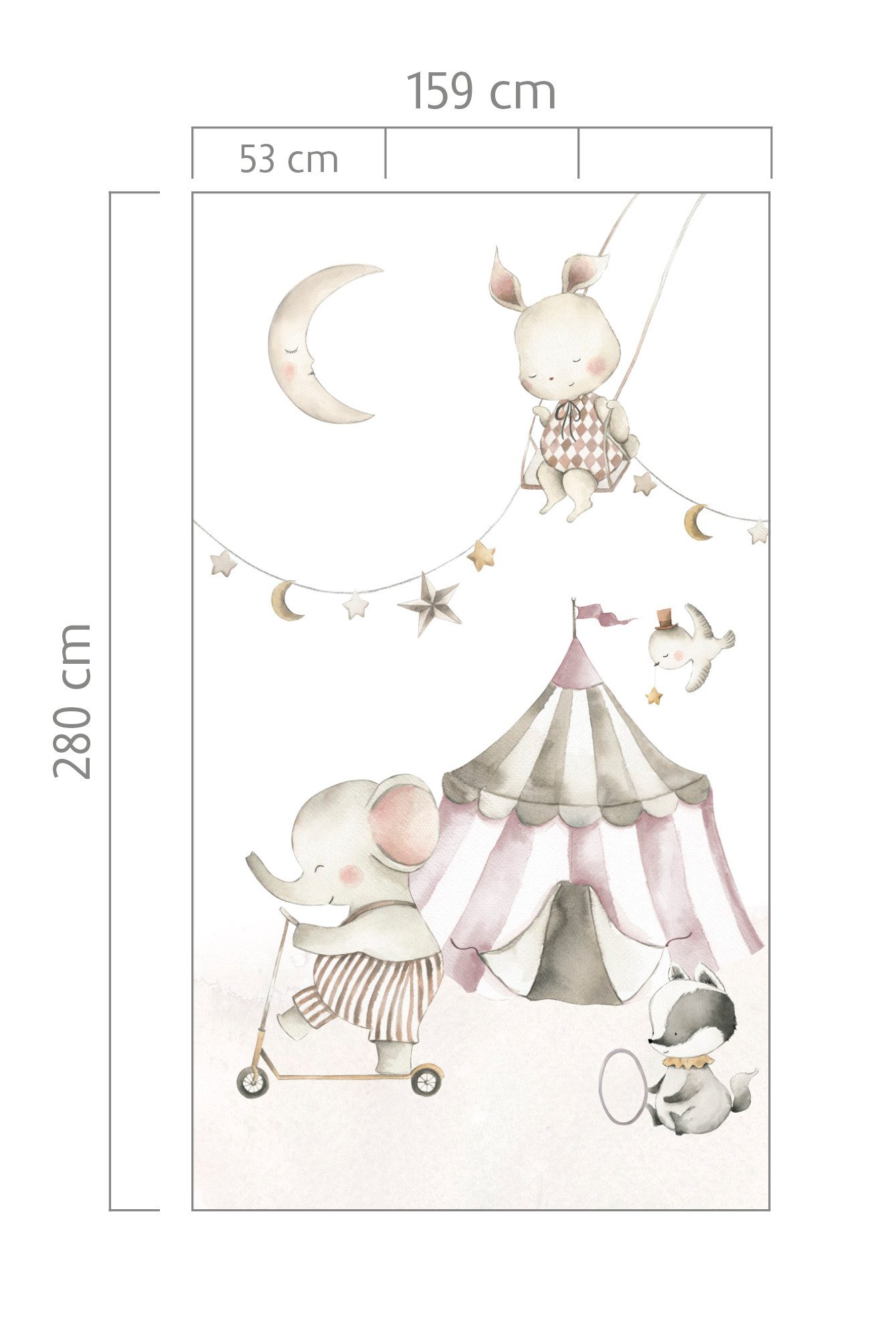 Rasch Fototapete Kinderzimmer mit bunter Zirkuswelt mit Tieren in Rosa, Beige und Grau, strukturiert, gemustert, (1 Rolle, 1 St), Zirkus