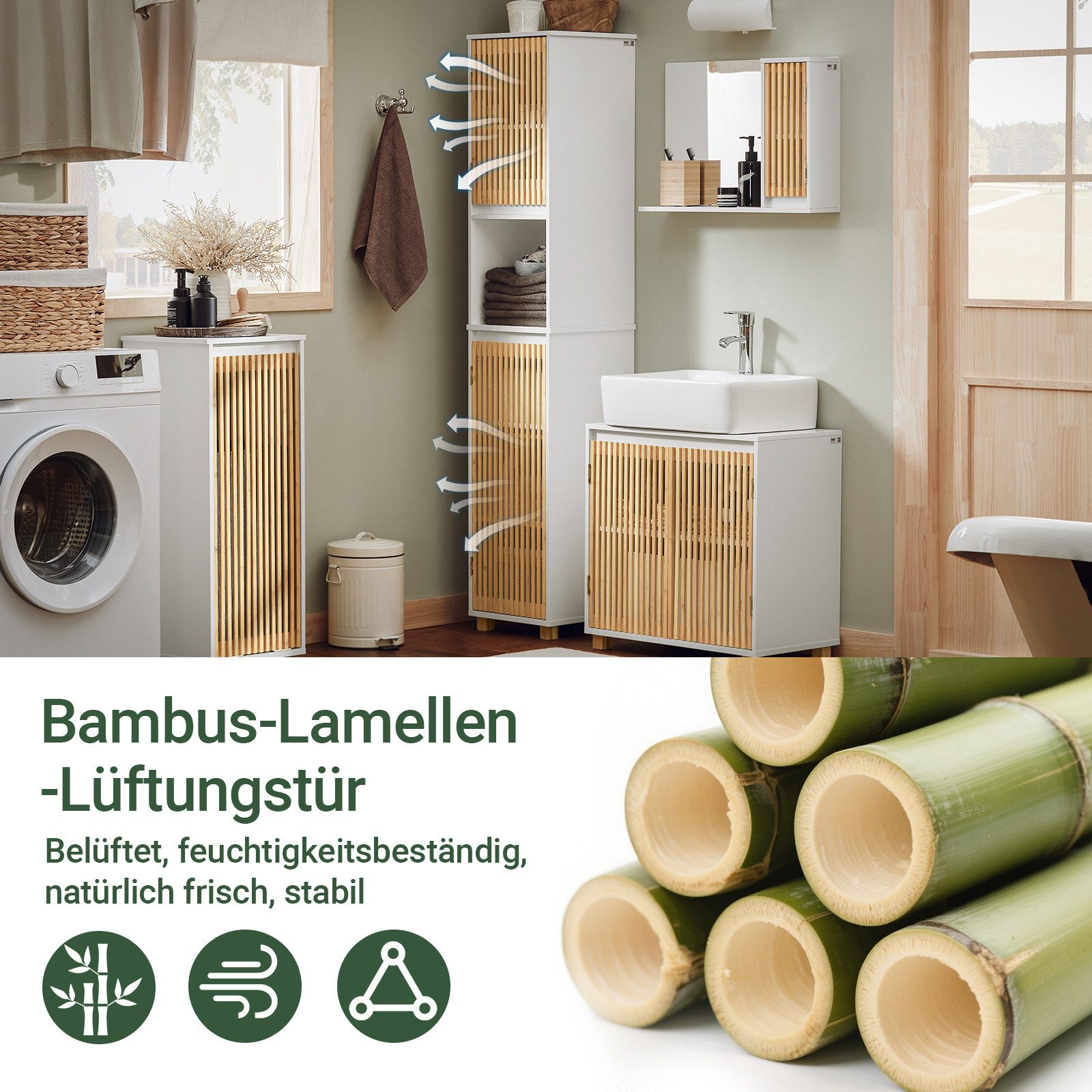 SoBuy Hochschrank BZR127, Badezimmerschrank schmal, Badregal Badschrank Badezimmermöbel Beistellschrank Badkommode, mit Bambustüren, verstellbaren Ablagen – Bild 4 von 5