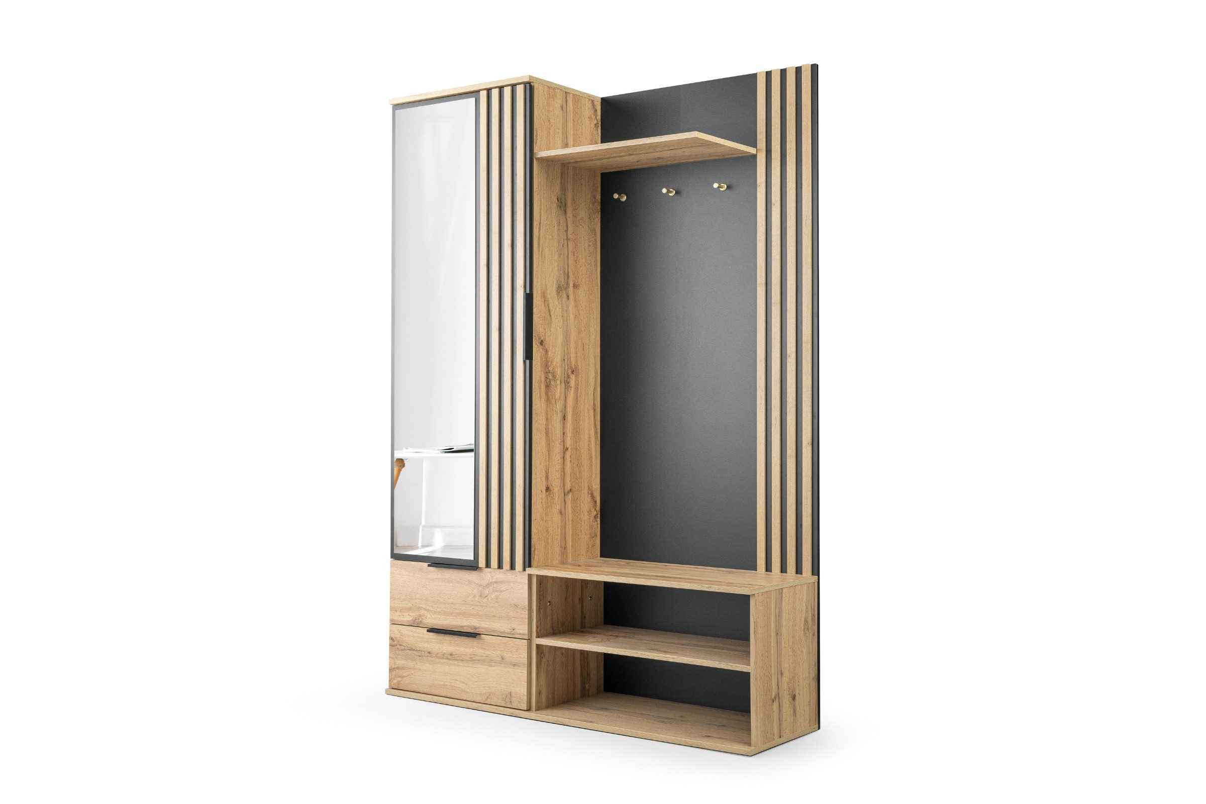 Deine Möbel 24 Garderobe LEONI mit Spiegel und Schubladen, Flurgarderobe in Schwarz Eiche Wotan (Set, 1 St., Robuste Verarbeitung mit ABS-Kanten, langlebig & pflegeleicht), Garderoben-Set, modern mit Lamellen und viel Stauraum