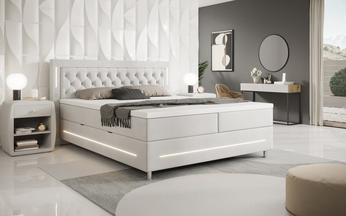 Luxusbetten24 Boxspringbett Tino, mit RGB-Beleuchtung, USB-Anschluss und Stauraum