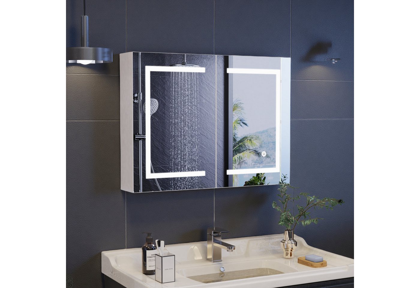 ADWOLT Badezimmerspiegelschrank Spiegelschrank mit LED-Beleuchtung (Set, 1-St., Badezimmerschrank mit Spiegel und 2 Türen) Wandschrank mit Ablage, Touchschalter, 60 x 80 x 13.5 cm, Weiß