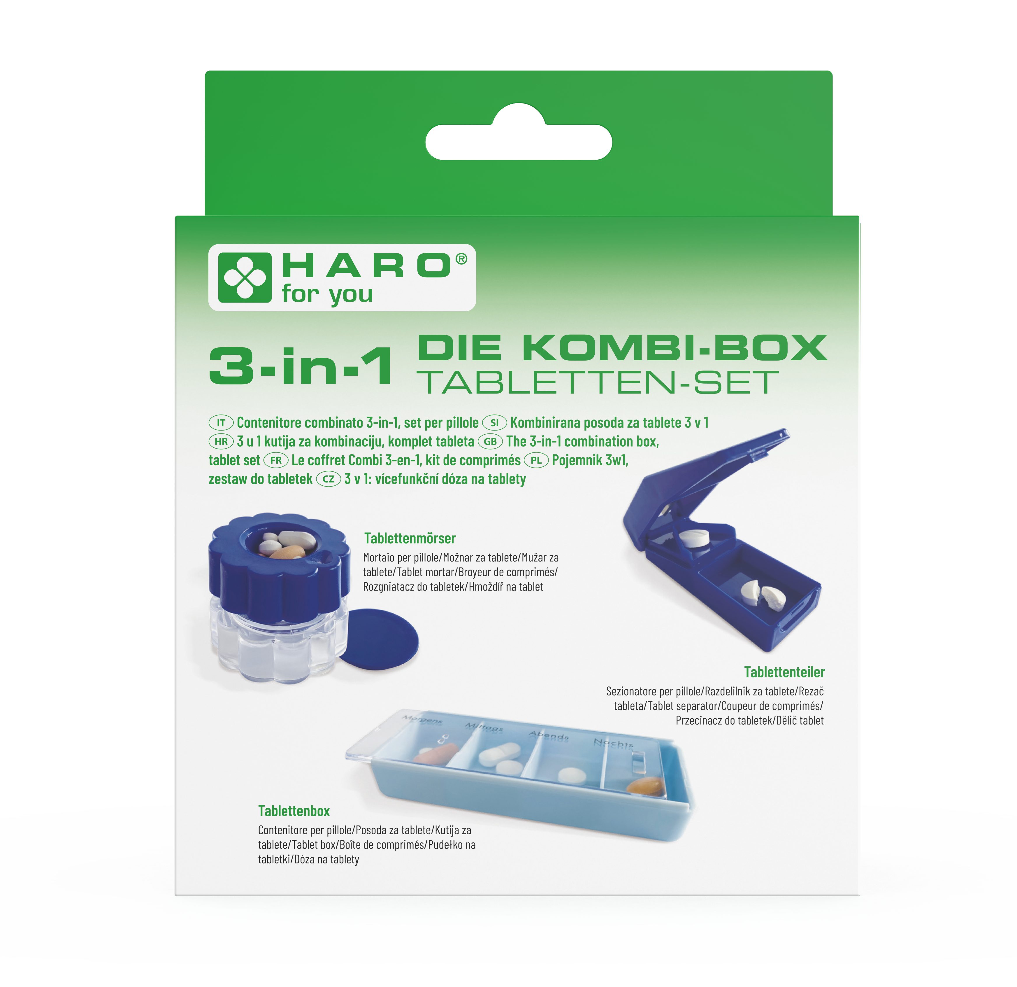 Pillendose Kombi-Box Tabletten Set Tablettenbox, Mörser und Tablettenteiler