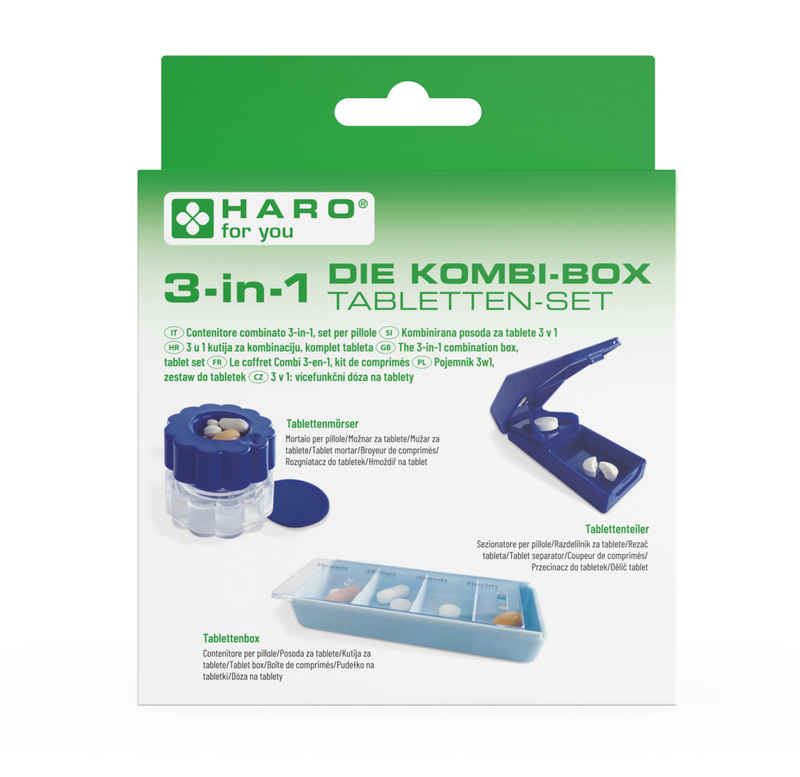 HARO-MC Pillendose Kombi-Box Tabletten Set Tablettenbox, Mörser und Tablettenteiler (3 St)