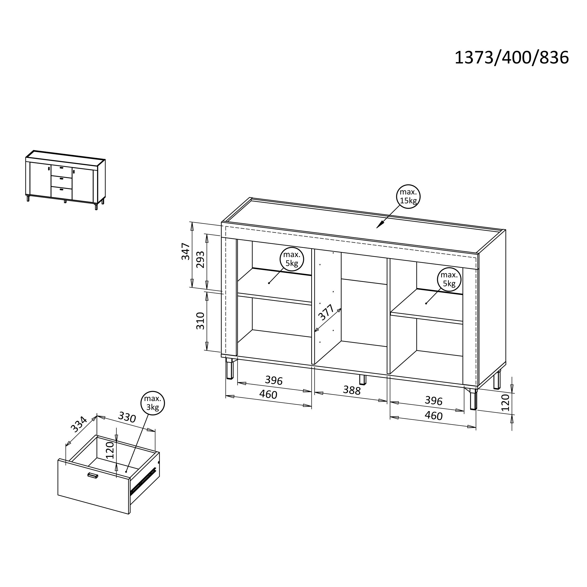 Beautysofa Kommode MONTA mit 2 Türen und 3 Schubladen (Modernes Design, viel Stauraum)