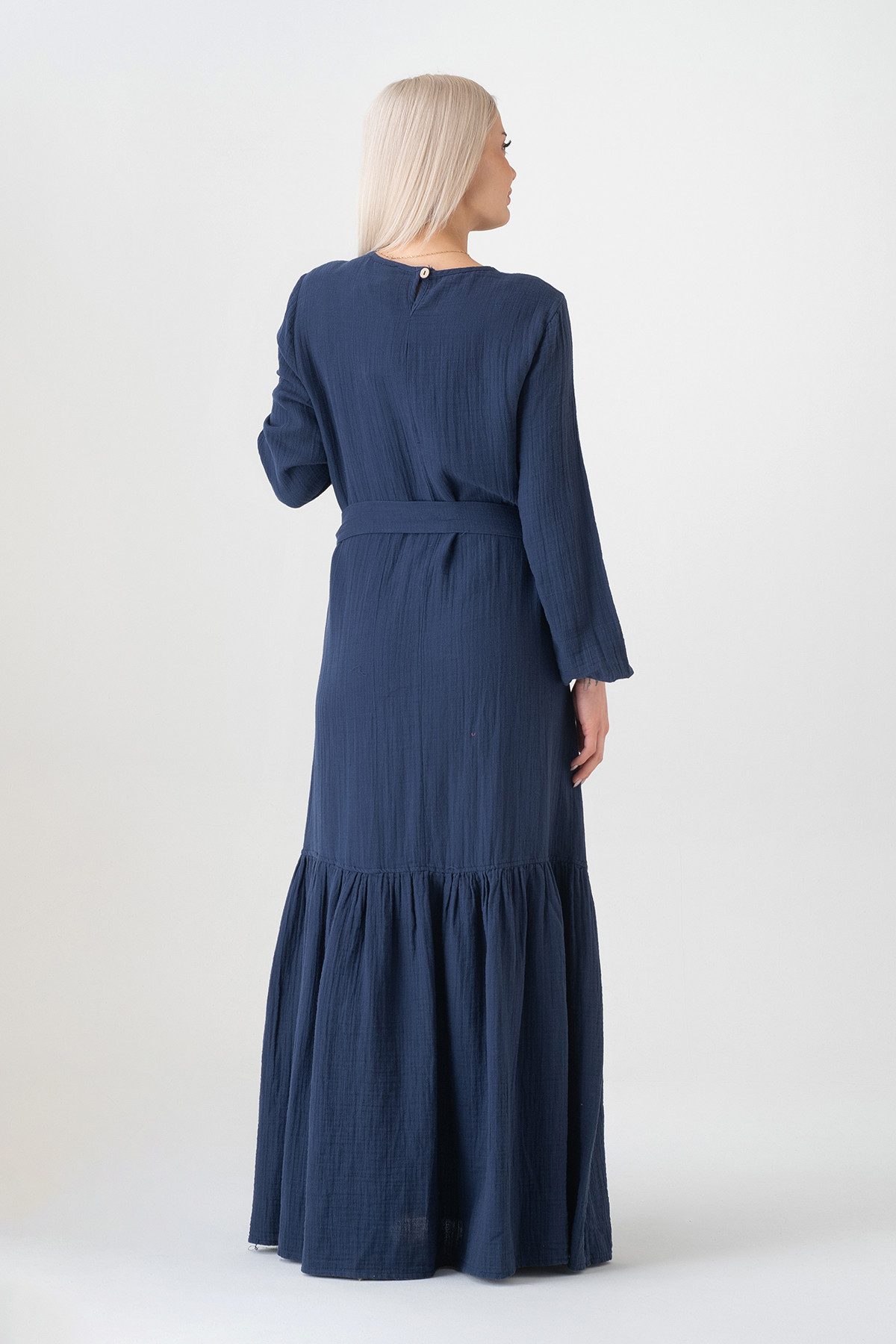 WENOR Sommerkleid Musselin-Kleid, 100 % Baumwolle, Volantsaum, Gürtel, Gr. 36–50 mit Volantsaum und Bindegürtel