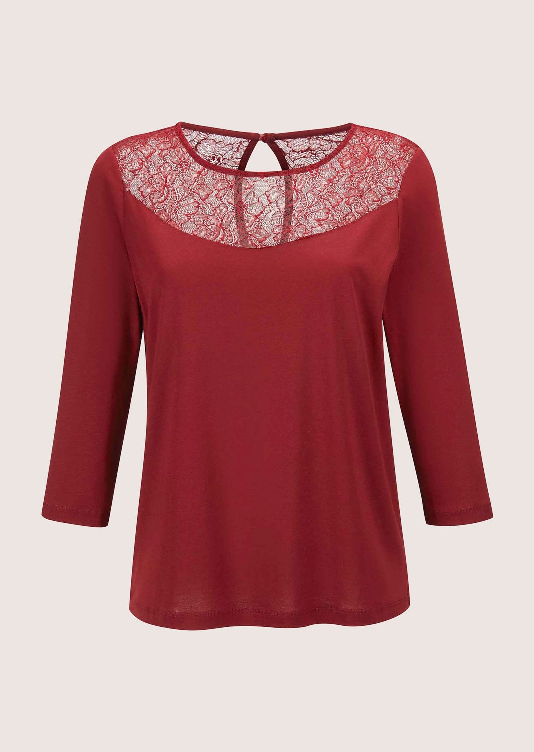 MADELEINE Kurzarmshirt Rundhals-Shirt mit Spitze, Baumwollmix Uni-Design, U-Boot-Ausschnitt, Knopfverschluss im Rücken – Bild 5 von 5