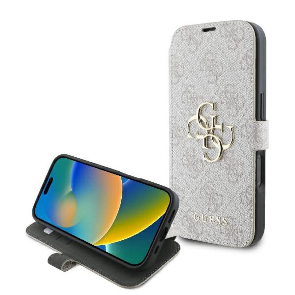 Guess Handyhülle Bookcase iPhone 16 Pro rosa Logo goldfarben aufstellbar 6,3 Zoll, Kantenschutz