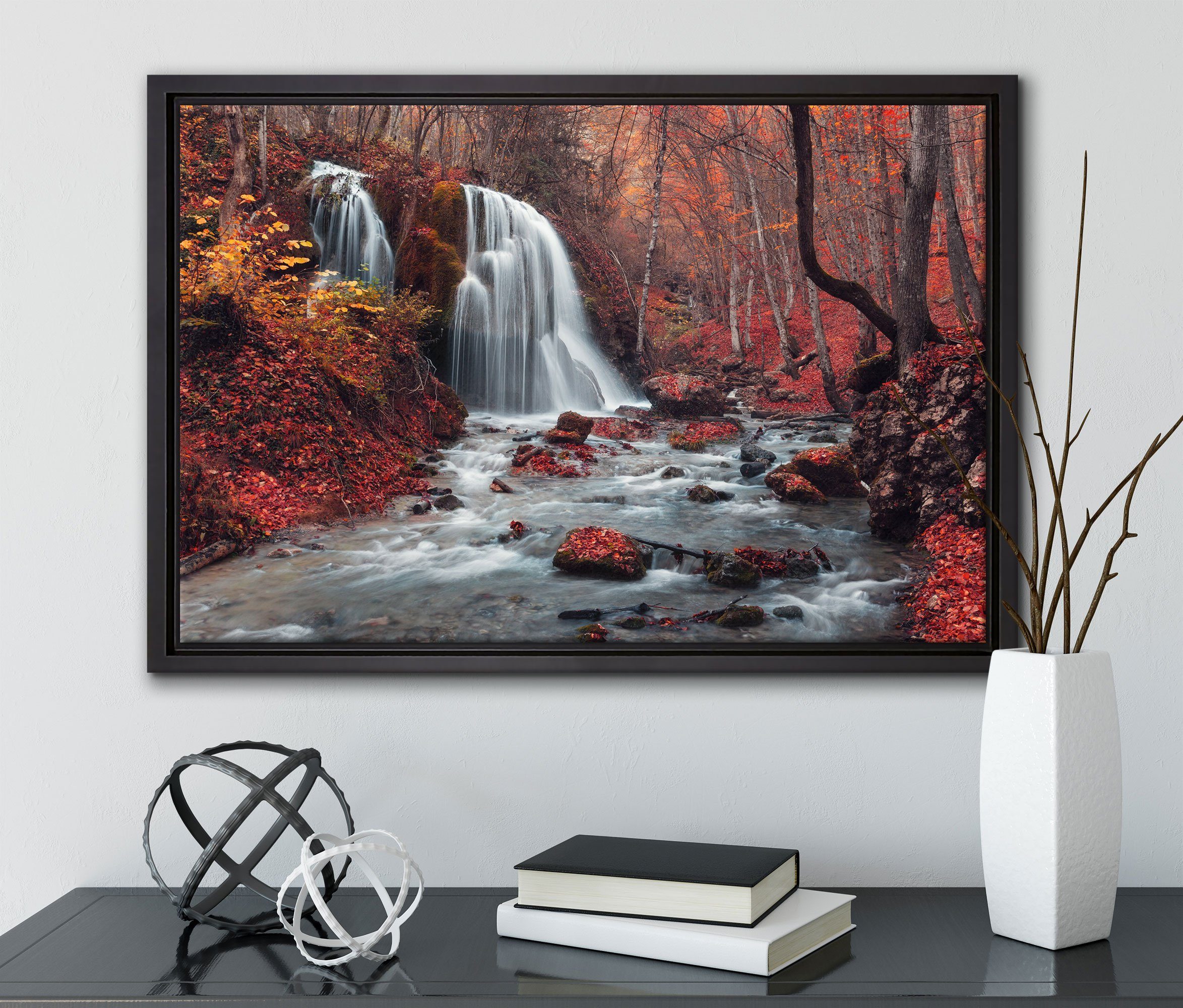 Pixxprint Leinwandbild Wasserfall im Wald, einem inkl. St), fertig Leinwandbild bespannt, in Zackenaufhänger gefasst, Wanddekoration Schattenfugen-Bilderrahmen (1