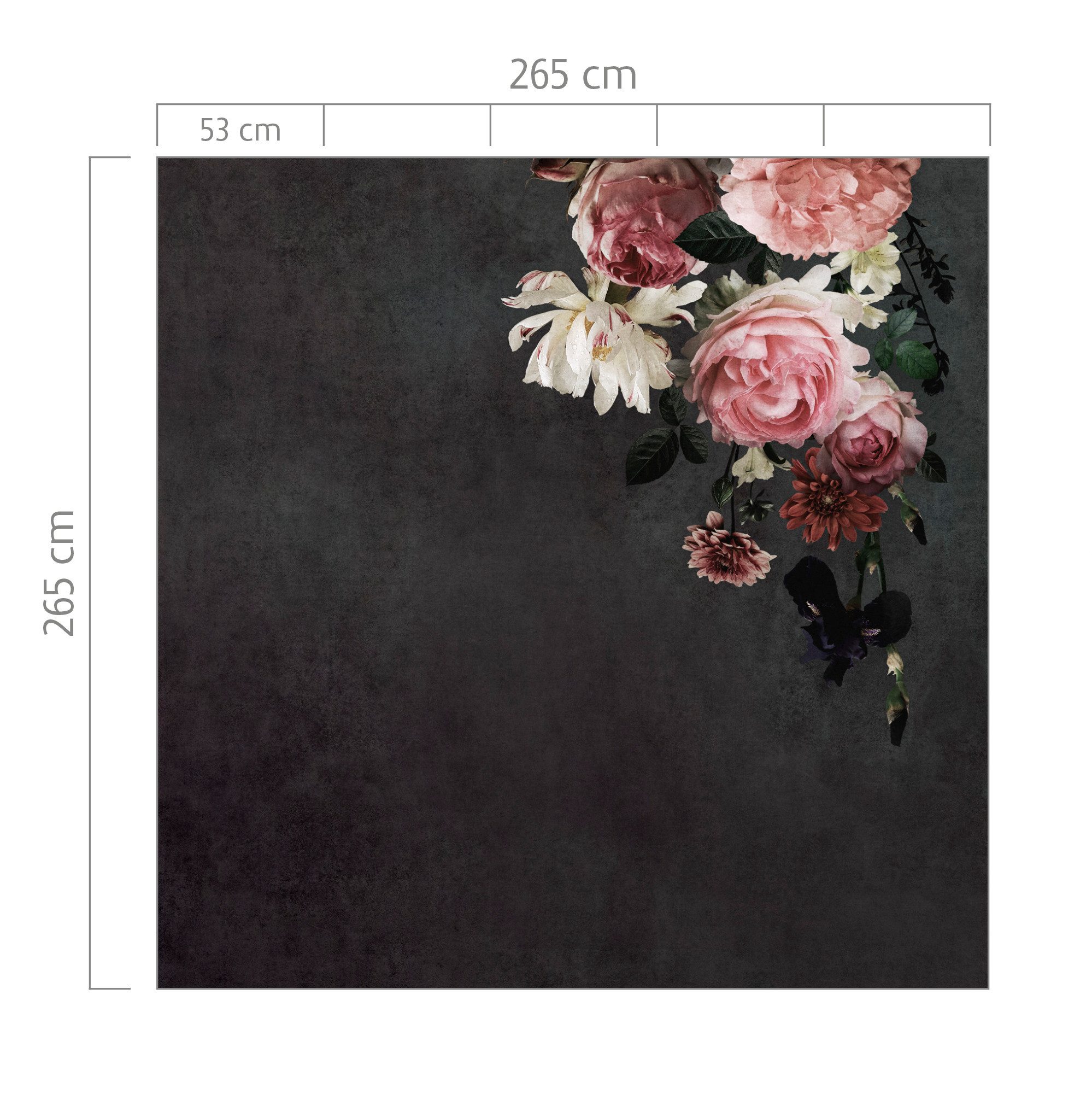 Rasch Fototapete Rosen Blüten - Vliestapete Schwarz Pink, floral, überstreichbar, (1 Rolle, 1 St., 2,65 m x 2,65 m), Lichtbeständige Farben - Feucht abwischbar - Restlost abziehbar