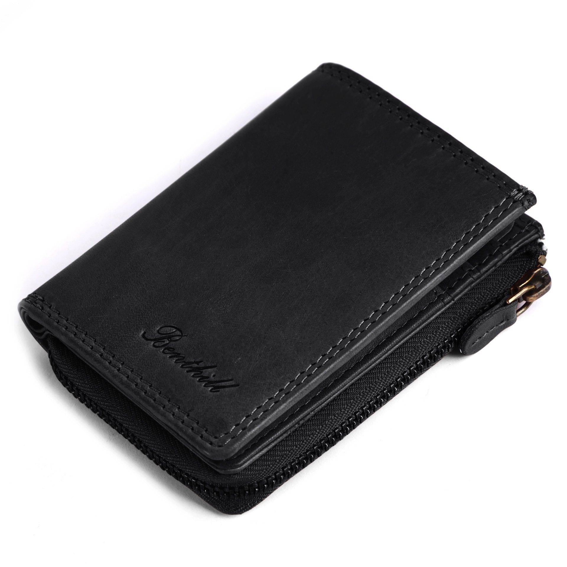 Benthill Geldbörse Klein Echt Leder RFID Damen & Herren Geldbeutel Slim-Wallet Portmonee, RFID-Schutz Kartenfächer Münzfach Reißverschlussfach – Bild 2 von 5