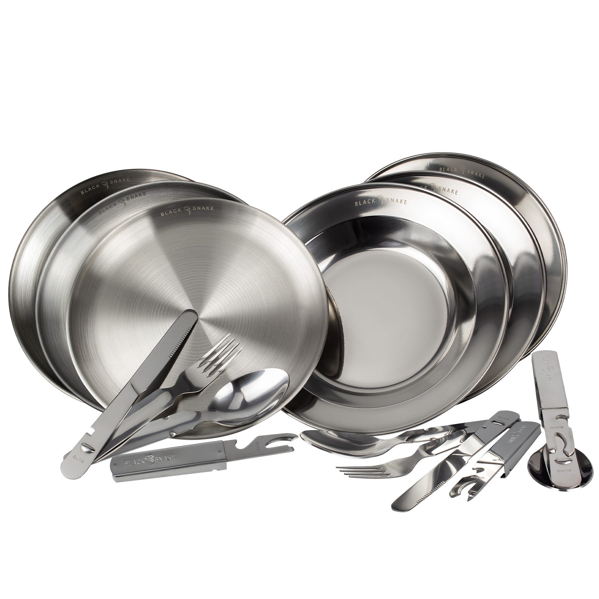 Black Snake Teller-Set Edelstahl Teller Set mit Campingbesteck Outdoor (9-tlg), 3 Personen, Edelstahl, Robustes Edelstahl Geschirr mit praktischem Campingbesteck