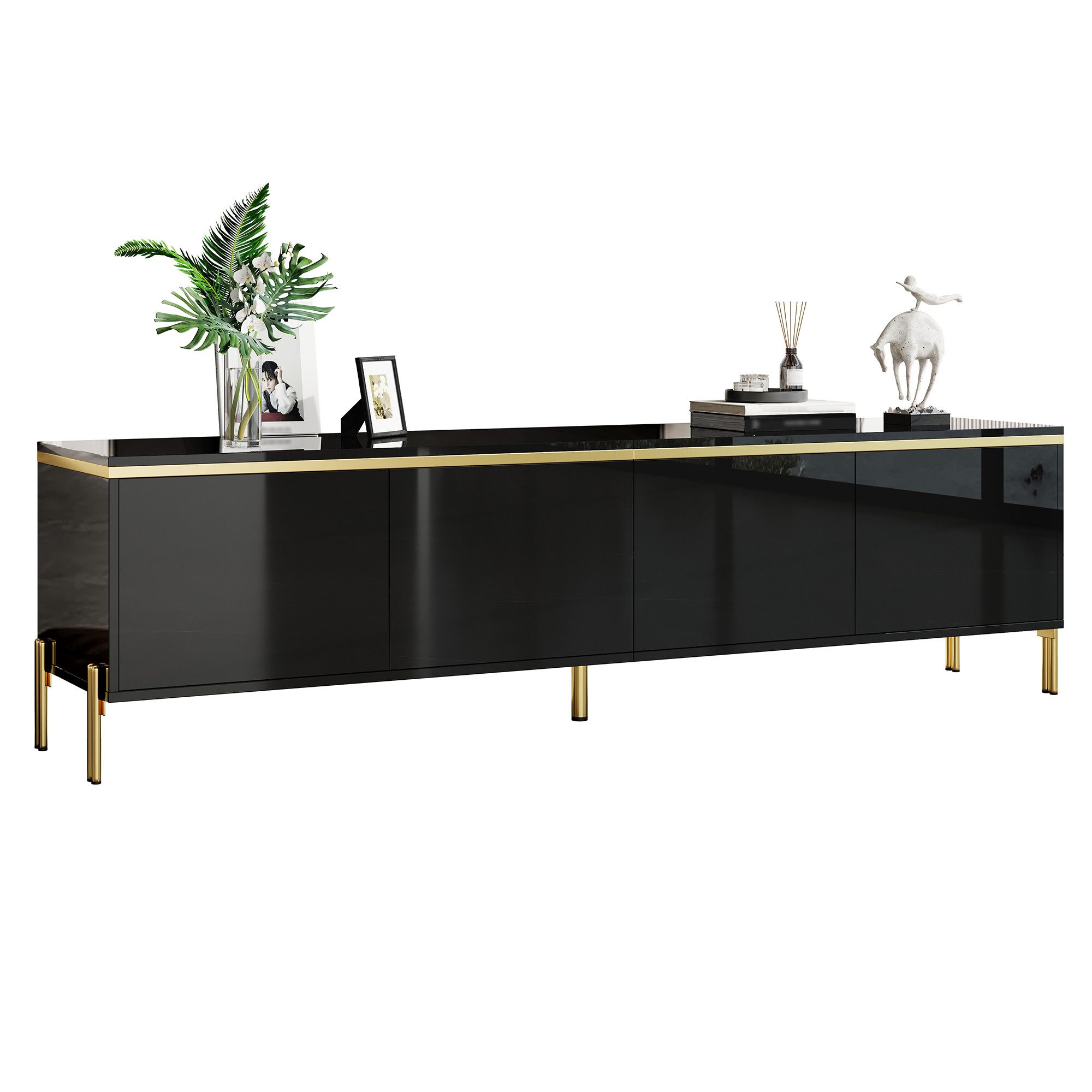 Merax Lowboard hochglanz TV-Ständer mit goldenen Zierelementen & Kabeldurchführungen (1 St), TV-Schrank mit 4 Schranktüren und Metallbeinen, 170x38x50cm